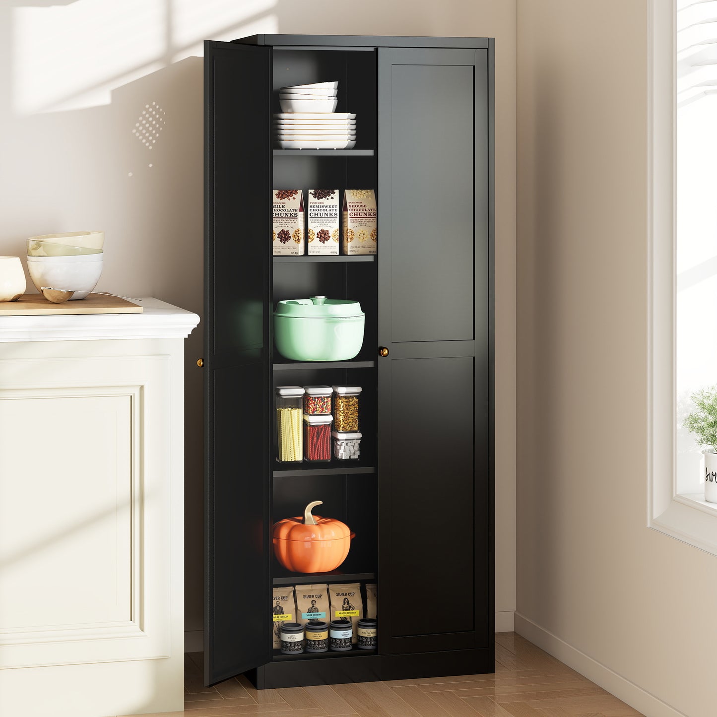 VIYET 72" Black Metal Kitchen Pantry Cabinet with Doors, 5 Adjustable Shelves, Heavy-Duty Tool-Free Freestanding Organizer