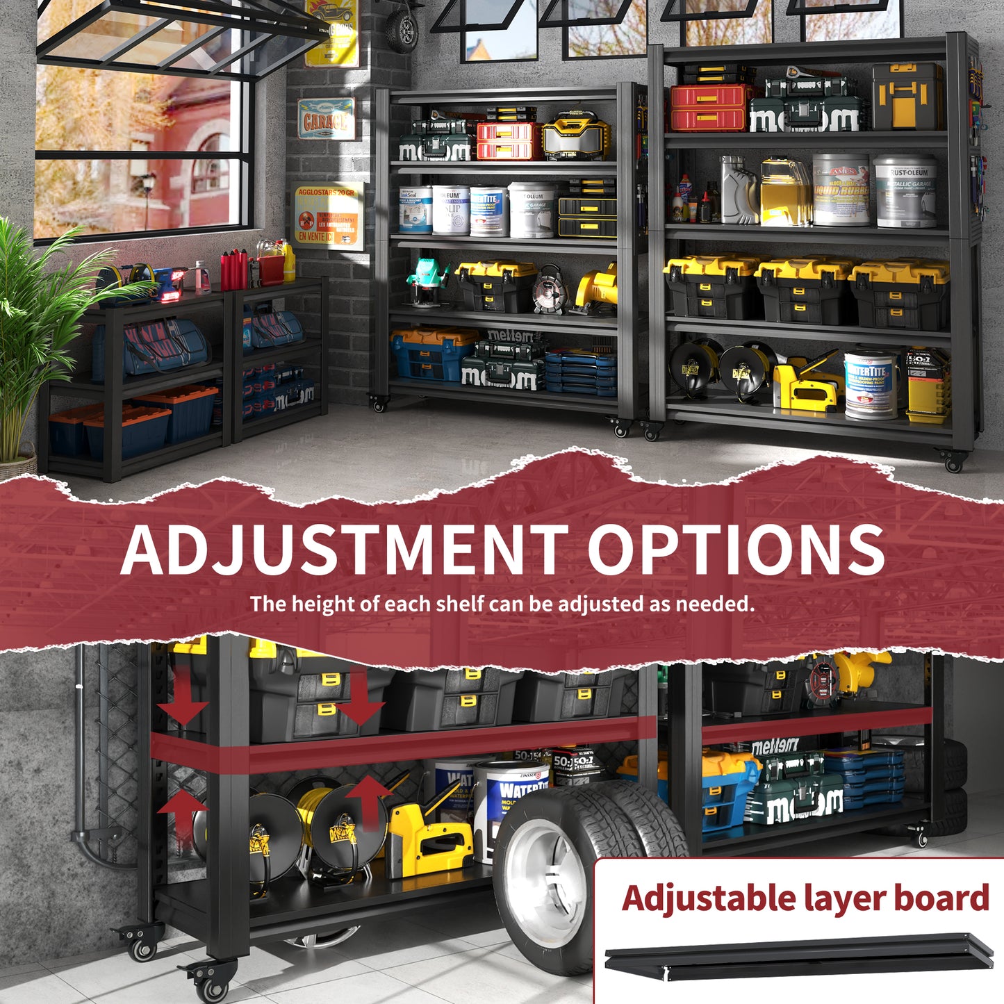 VIYET 78" Rolling Metal Garage Shelving with Pegboard, 5 Tier Adjustable Storage Rack, Heavy Duty Utility Shelf with Locking Wheels, Black