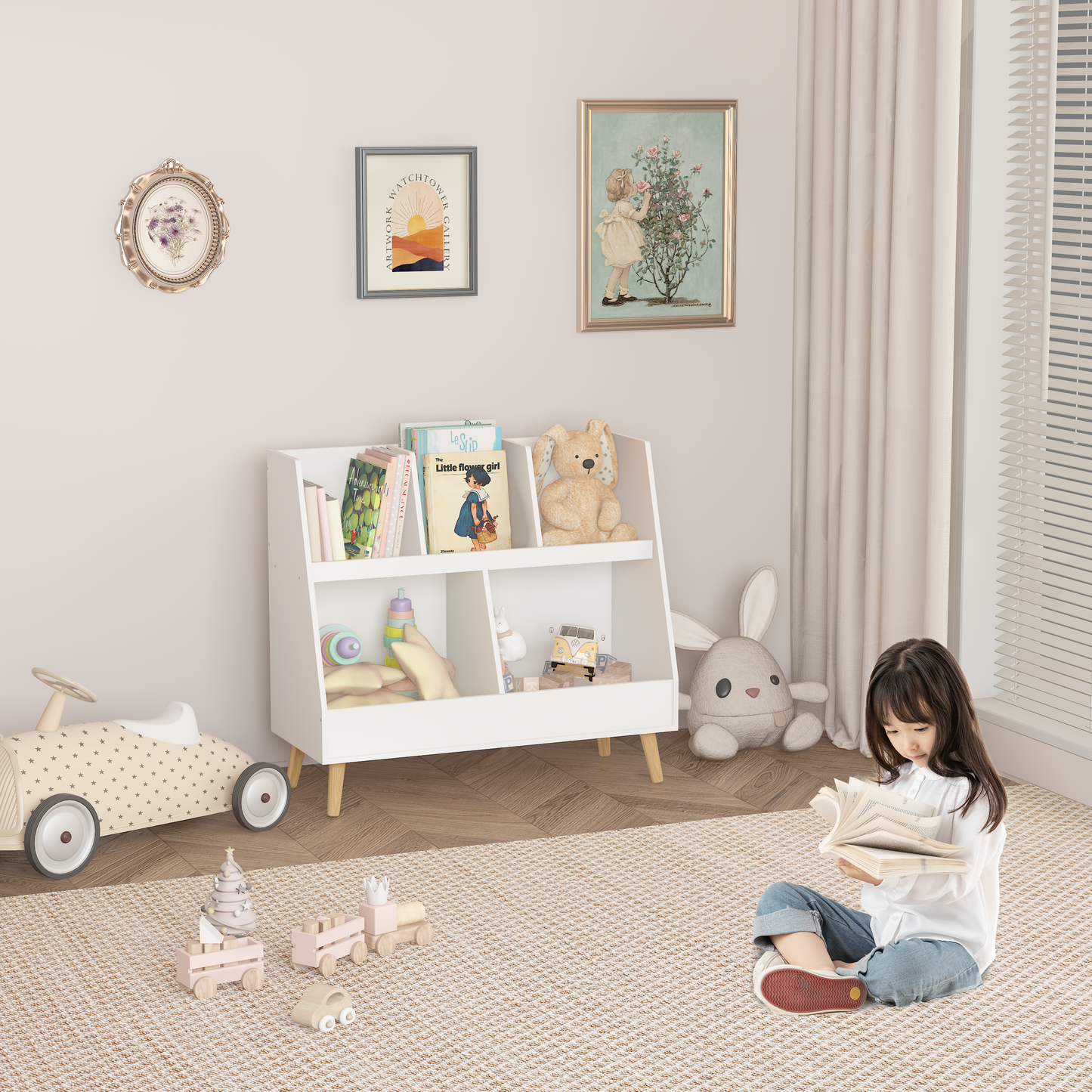 VIYET 28" Kids 5-Cubby Bookshelf Toy Organizer,White Wooden 2-Tier Storage Rack w/ Pine Legs (Anti-Tipping Nursery/Playroom Organizer)