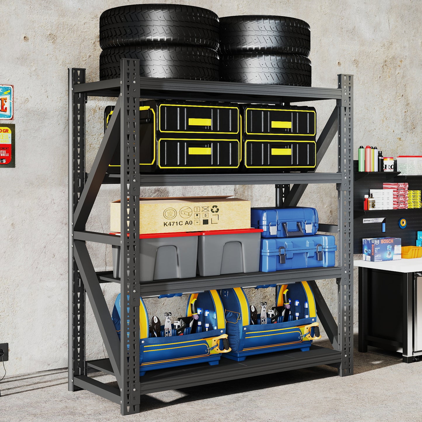 VIYET 69"H 4-Tier Heavy Duty Metal Garage Storage Shelves, 4000 LBS Adjustable Industrial Steel Shelving Unit, Open Rack for Warehouse Basement Workshop, Black