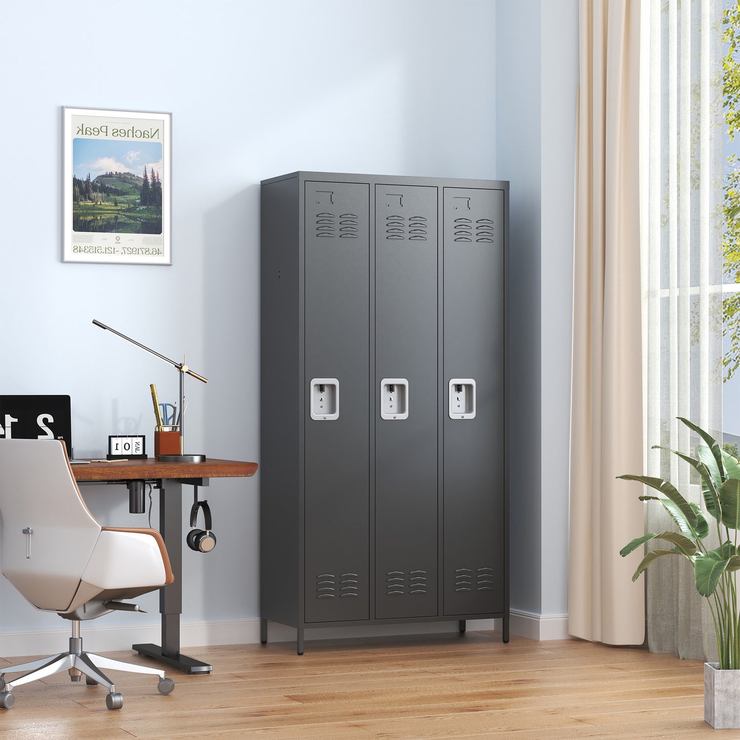 VIYET 72" 3 Door Metal Locker Storage Cabinet with Locks, Freestanding Employee Locker for Office, School, Gym, Garage & Home, Black