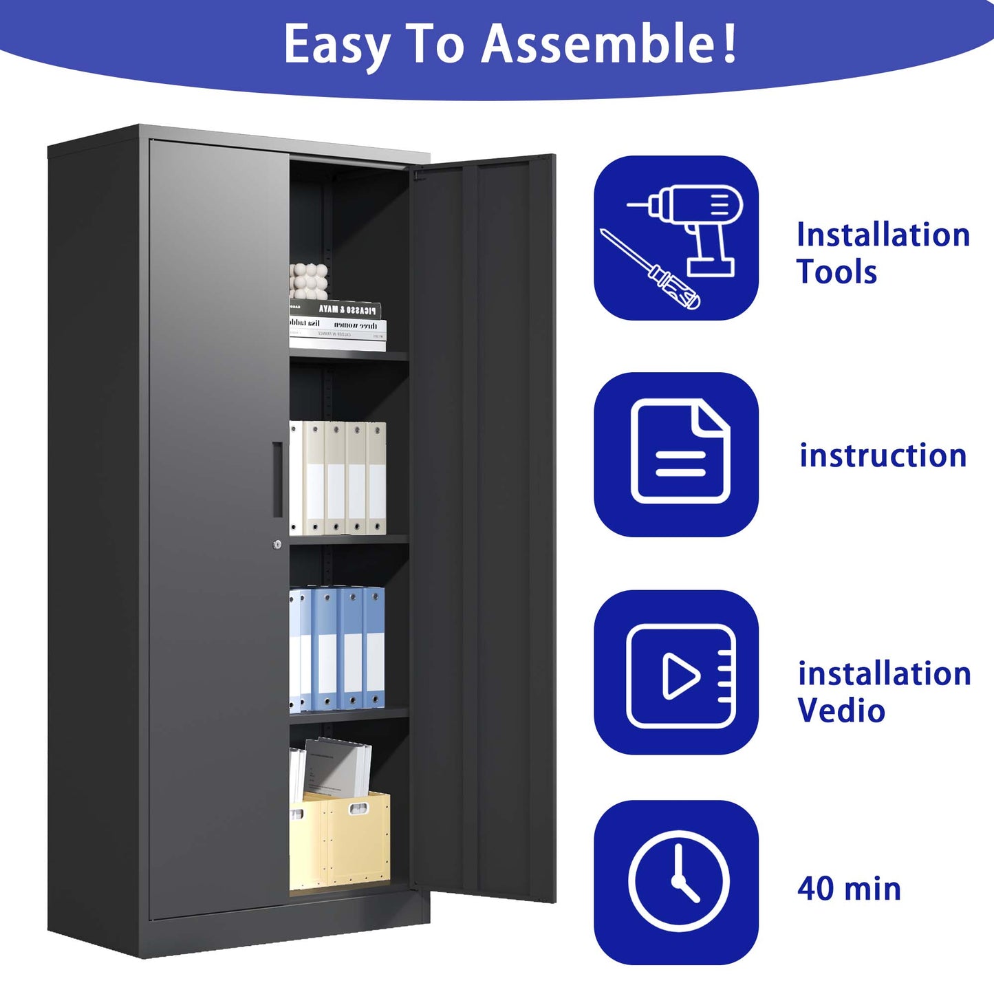 VIYET 71" Metal Garage Storage Cabinet with Lock and 3 Adjustable Shelves, Black Heavy-Duty Lockable Cabinet for Home, Office & Garage