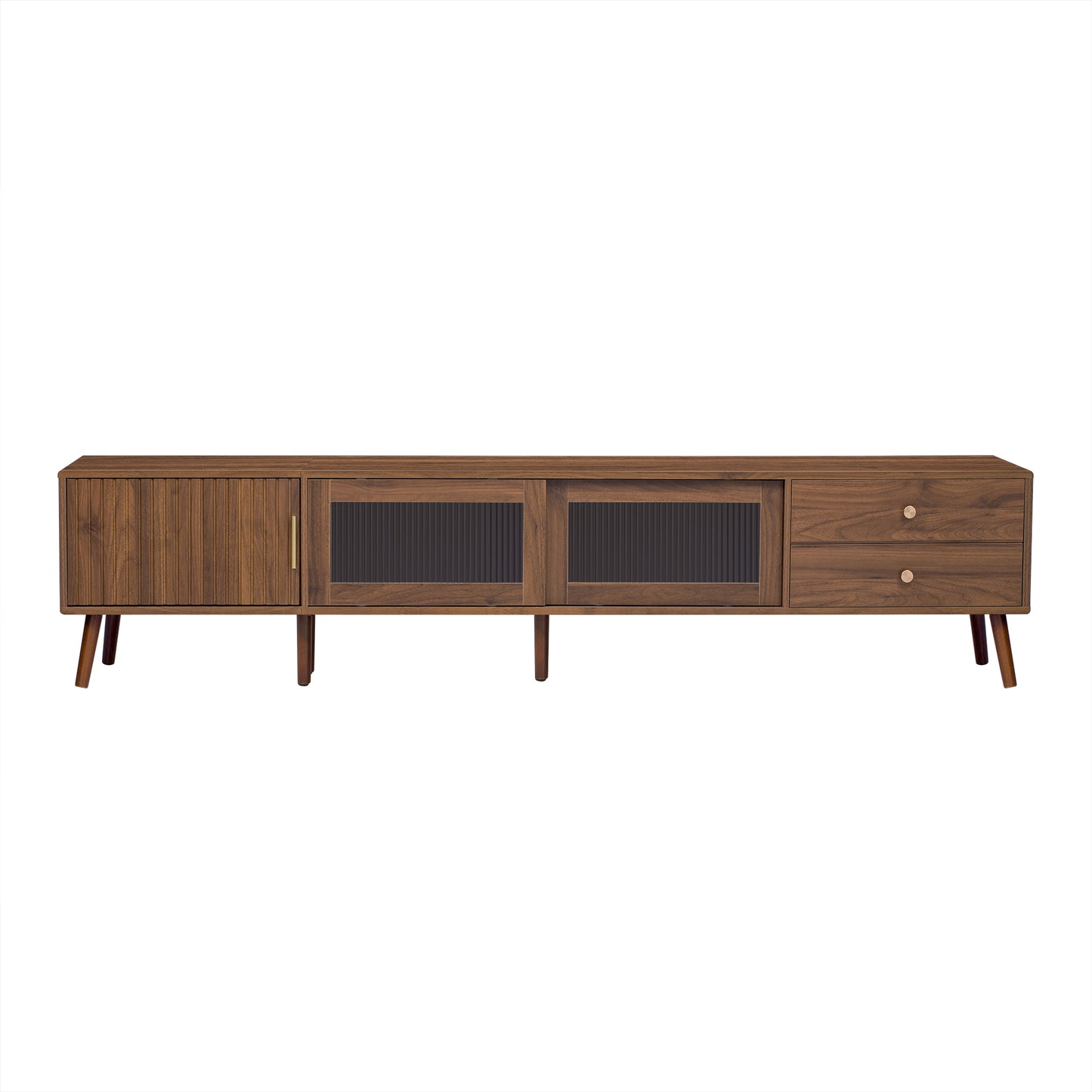 VIYET 77"Modern Minimal TV Stand, Wood-Grain Glass-Door Media Console (for TVs up to 85"), Solid Wood+MDF Storage Cabinet