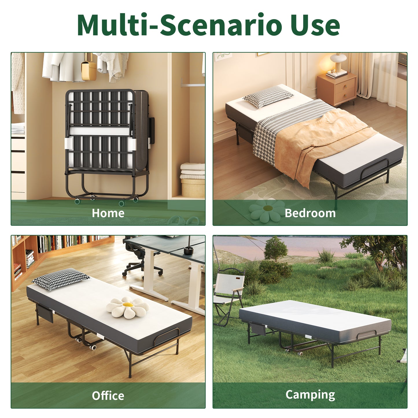 VIYET Twin Folding Rollaway Guest Bed with Side Storage Pocket, 5" Memory Foam Mattress, 450LB Heavy Duty Bed with Wheels
