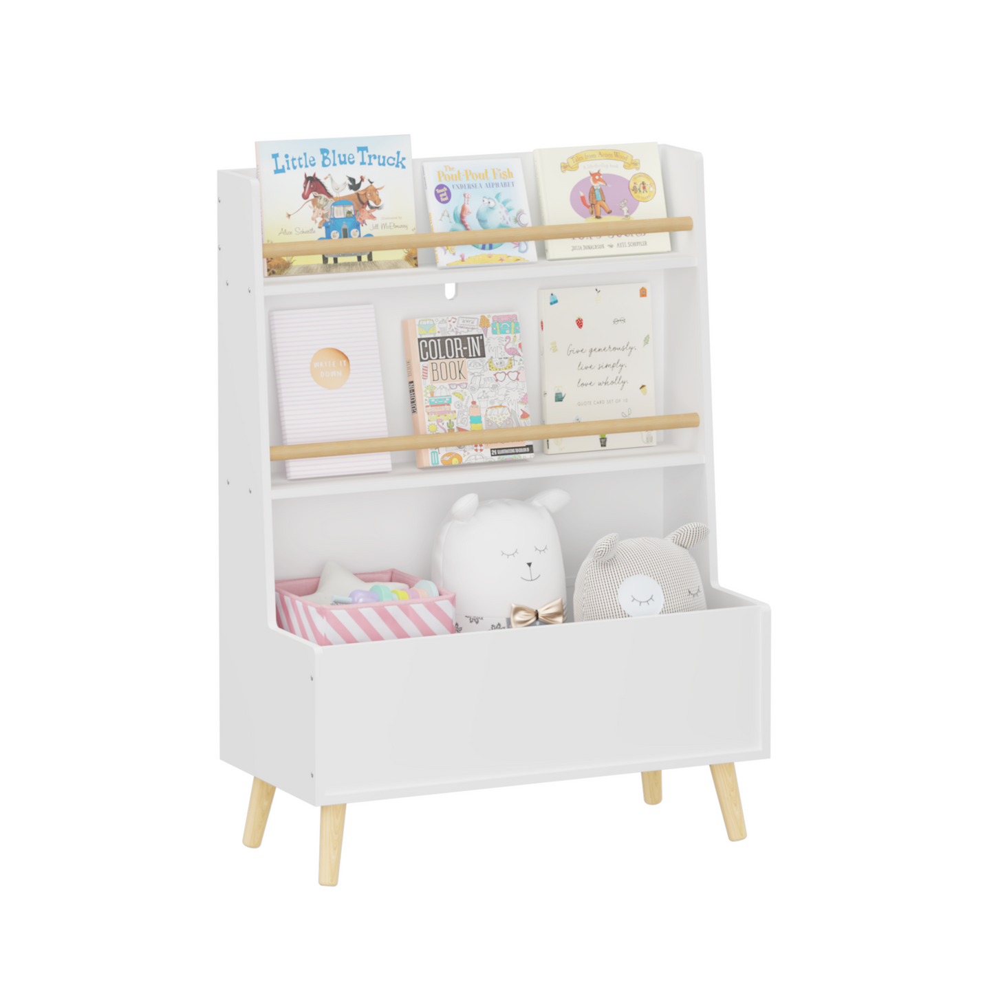 VIYET 37" Kids Bookshelf & Toy Organizer - White MDF+Pine Legs, 2 Shelves, Storage Bin, Anti-Tipping