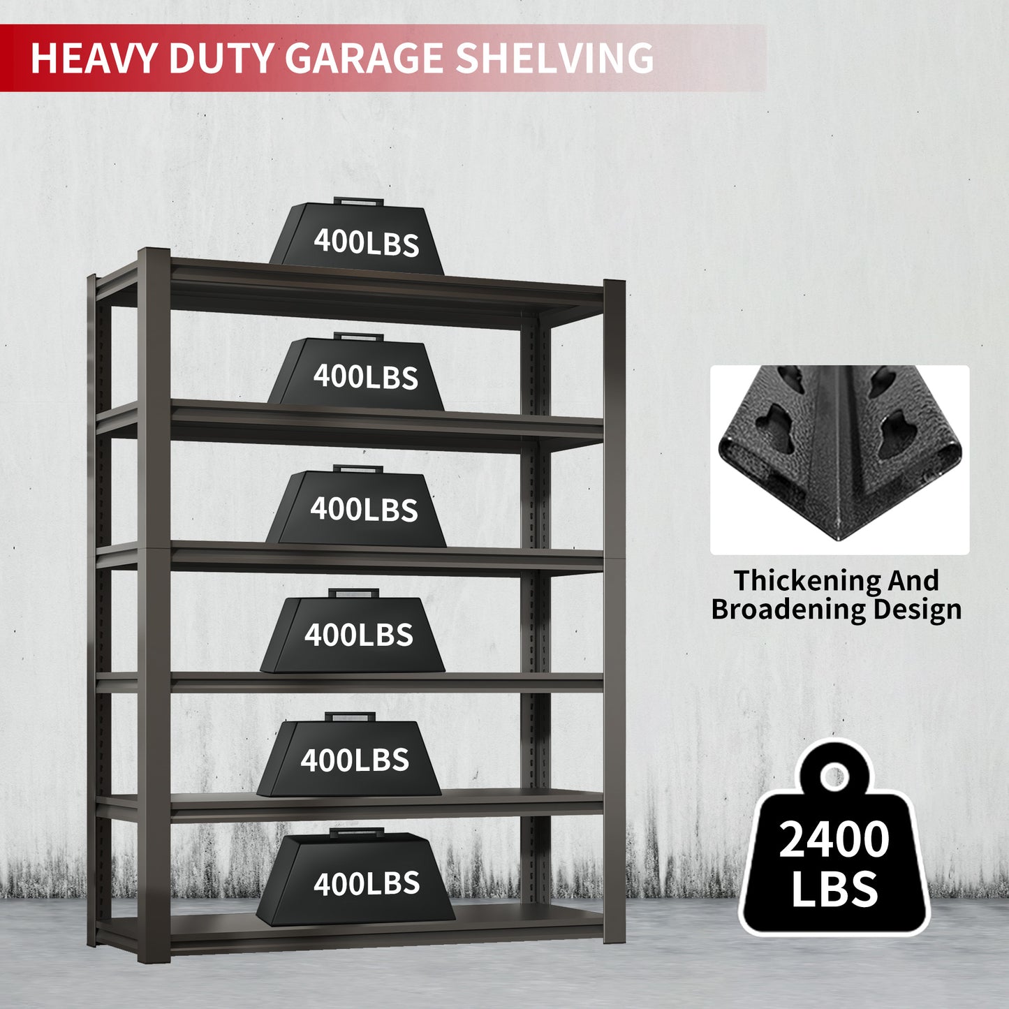 VIYET 82"H 6-Tier Heavy-Duty Metal Storage Shelves - 2400LBS Total (400LBS/Shelf), 48"W×18"D Adjustable, for Garage/Kitchen/Gym/Warehouse (Black+Gray)