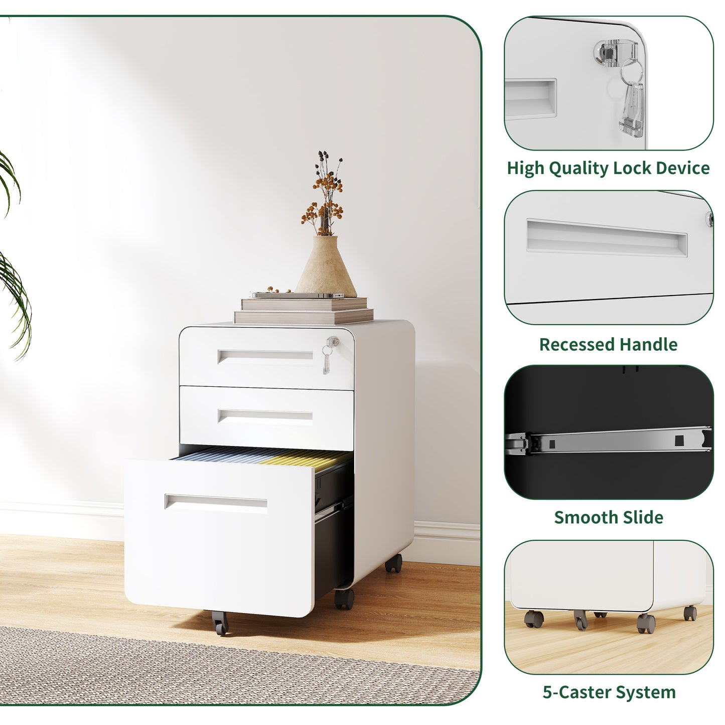 VIYET 3 Drawer Mobile File Cabinet with Lock, Fully Assembled Steel Filing Cabinet on Wheels, Holds A4 & Letter Files, 110 lb Capacity per Drawer