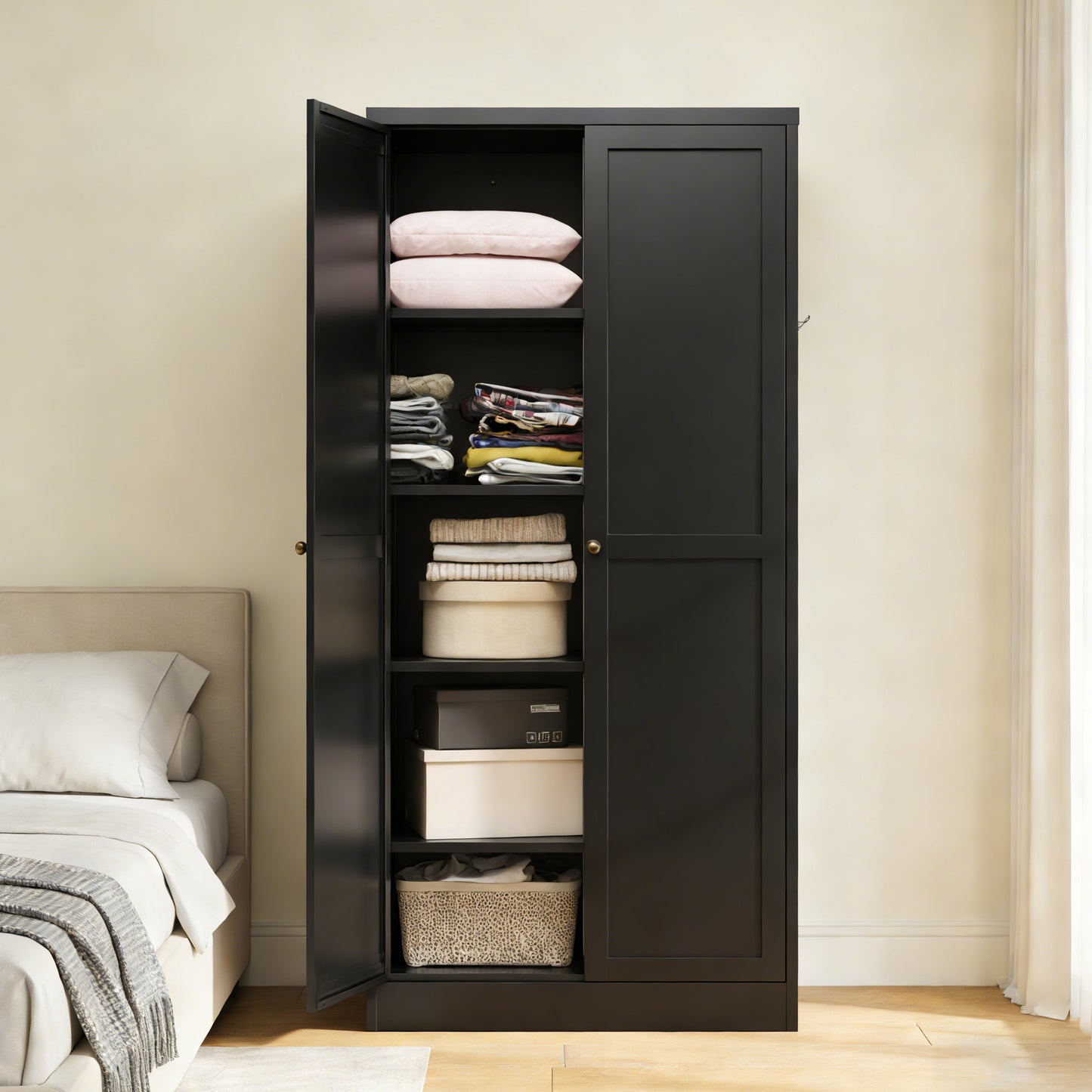 VIYET 61" Black Metal Kitchen Pantry Cabinet, 4 Adjustable Shelves 110lb Capacity, Heavy Duty Freestanding Organizer