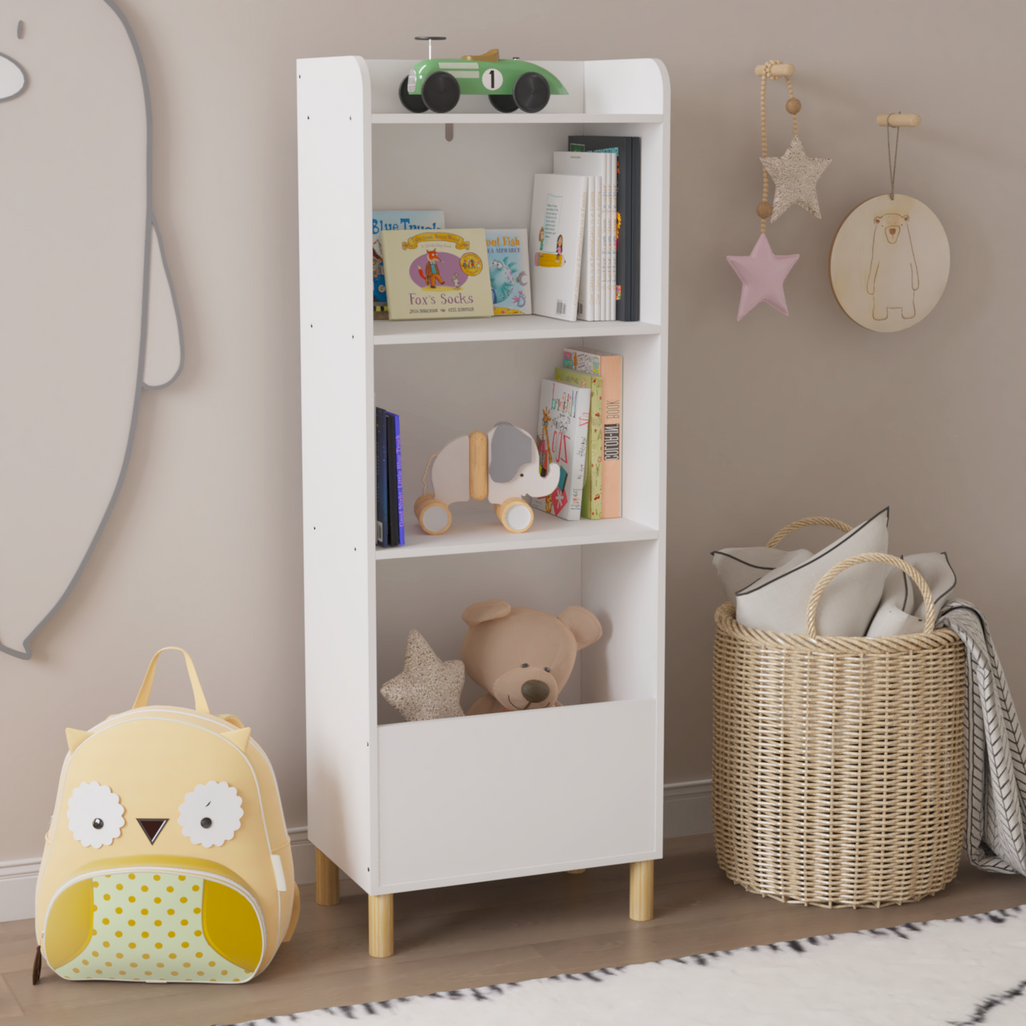 VIYET 51" Kids 4-Tier Bookcase, White MDF+Pine Legs Storage Organizer w/ Anti-Tipping Device (Nursery/Playroom Display Rack)