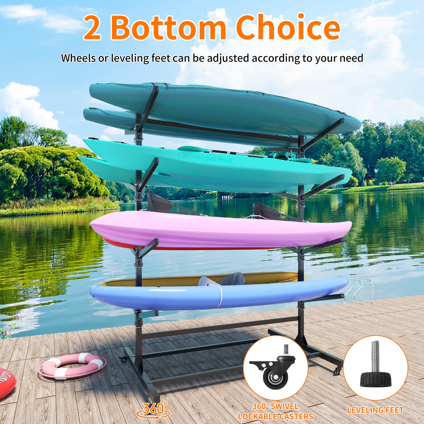 VIYET 80"H 8-Kayak Heavy-Duty Freestanding Storage Rack,Adjustable Metal Stand with Wheels,800LBS Capacity for Garage/Indoor/Outdoor(Black)