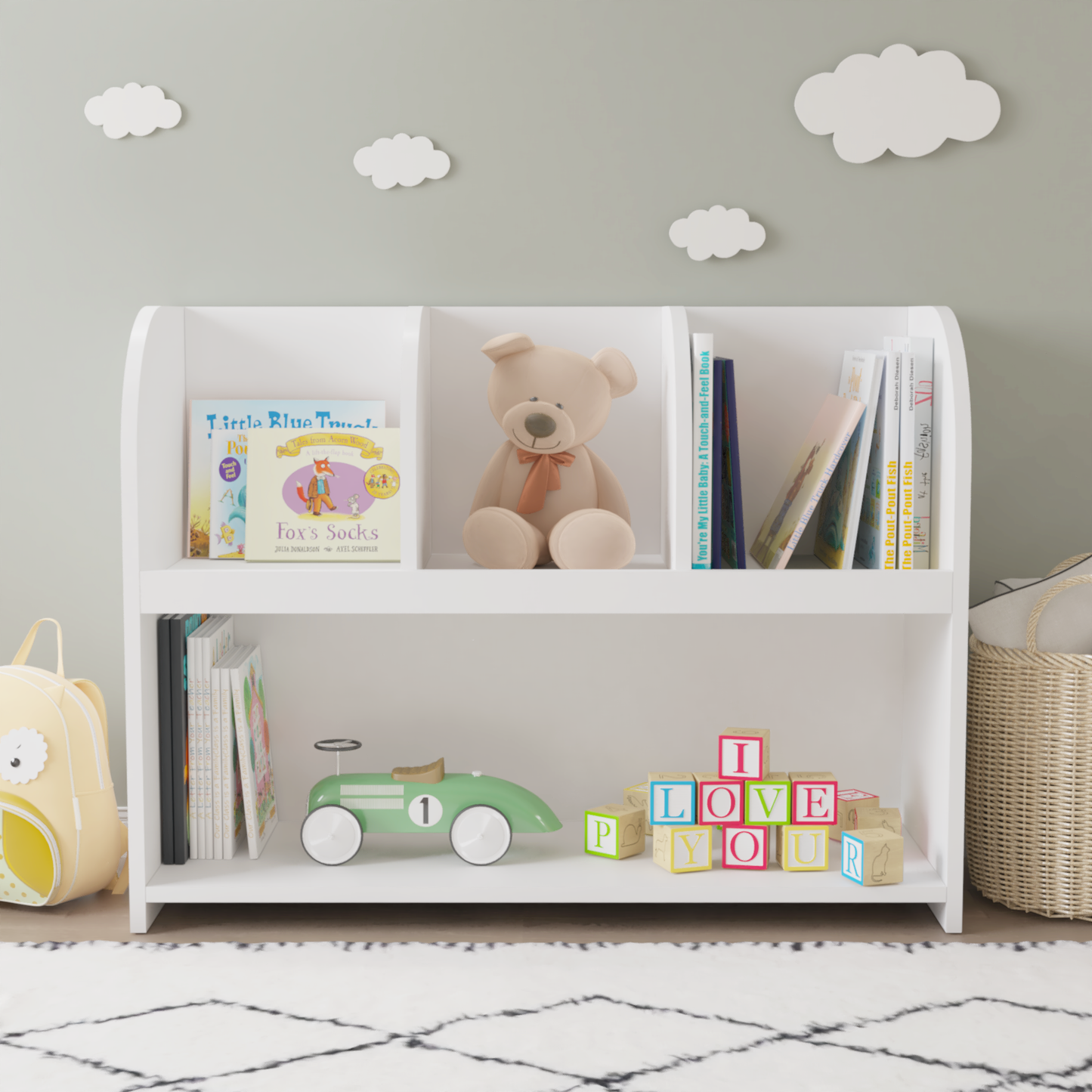 VIYET 24" Kids 4-Compartment Bookcase, White MDF Storage Display Rack (Anti-Tipping Toy Organizer for Playroom/Nursery)