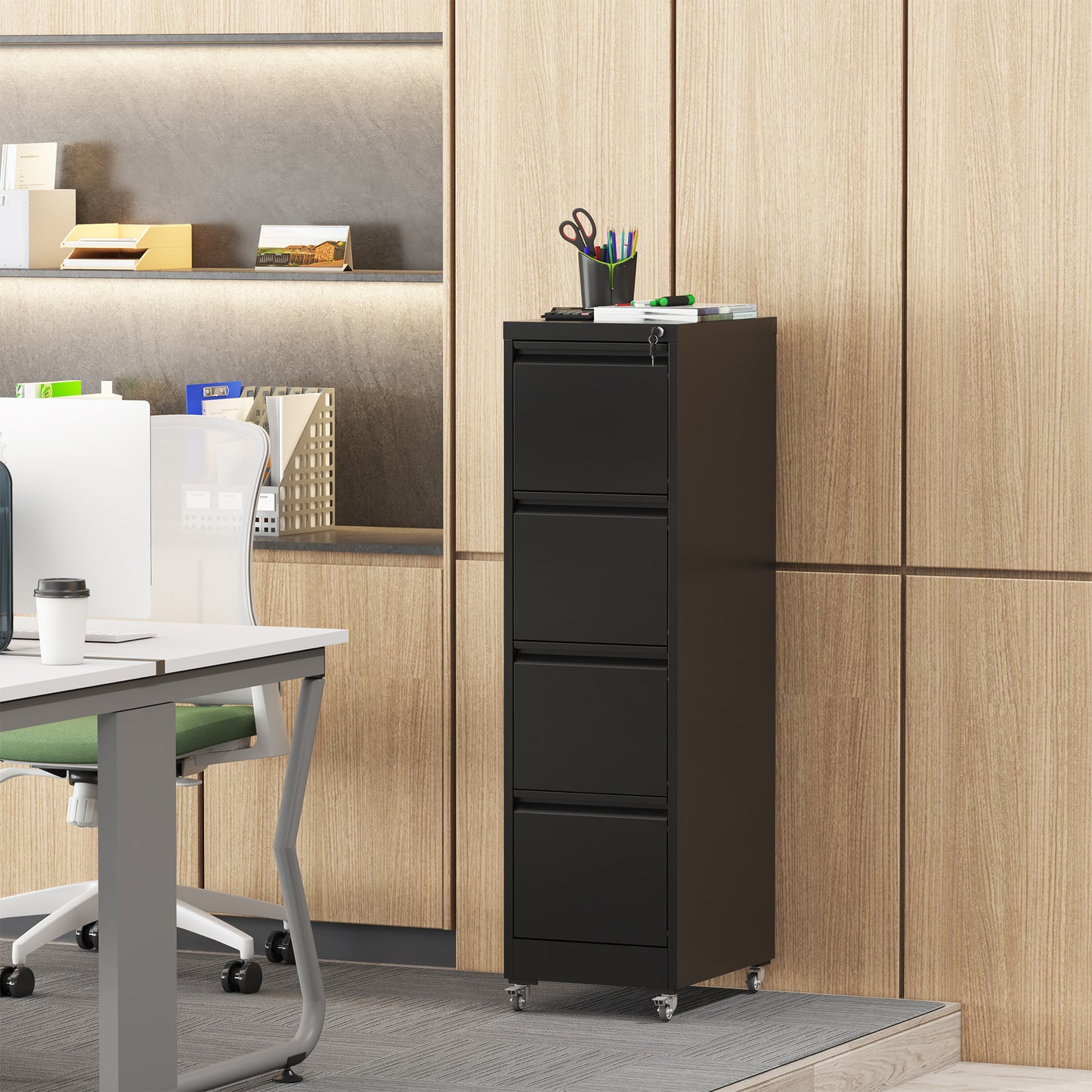 VIYET 52"H 4-Drawer Locking Vertical File Cabinet on Wheels, Black Heavy-Duty Metal Cabinet for Home/Office, Fits Legal/Letter
