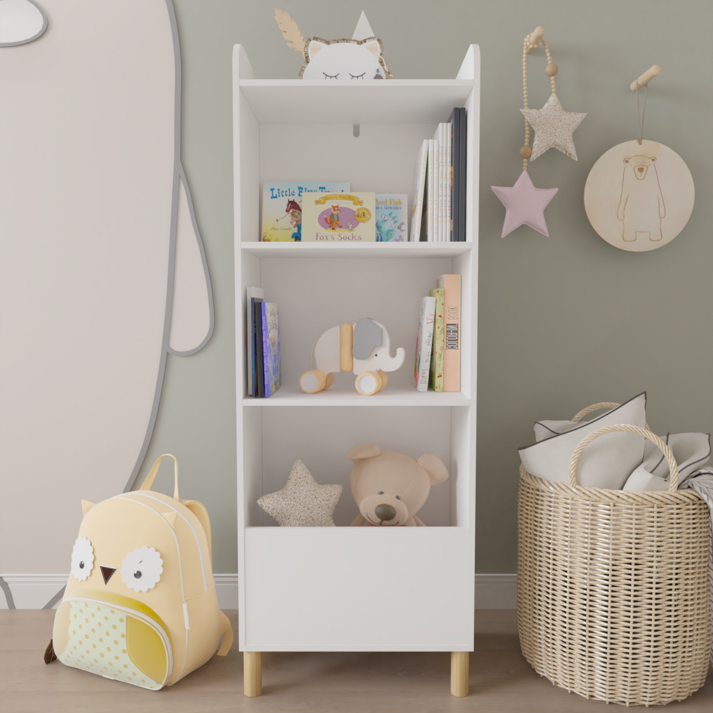 VIYET 51" Kids 4-Tier Bookcase, White MDF+Pine Legs Storage Organizer w/ Anti-Tipping Device (Nursery/Playroom Display Rack)