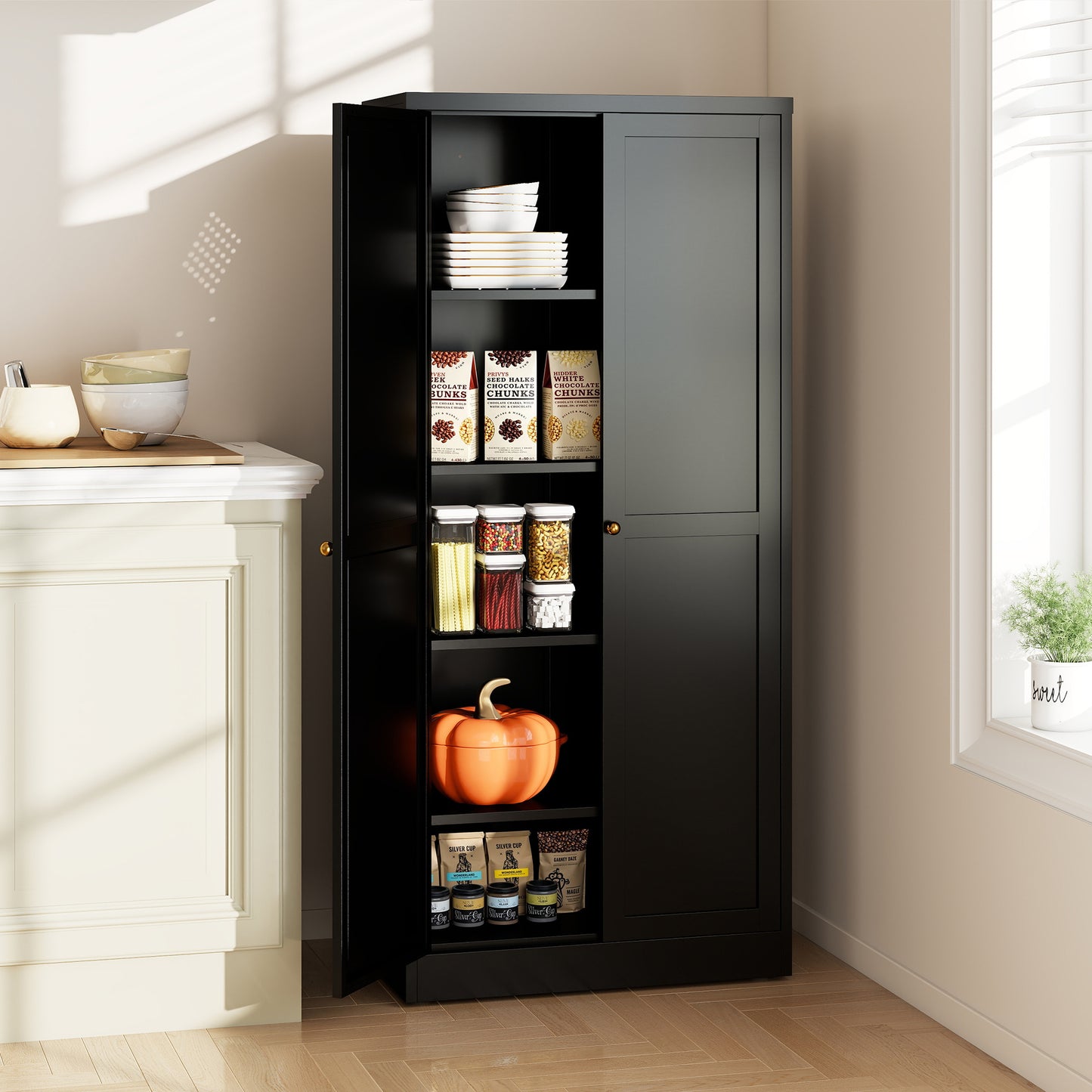 VIYET 61" Black Metal Kitchen Pantry Cabinet, 4 Adjustable Shelves 110lb Capacity, Heavy Duty Freestanding Organizer