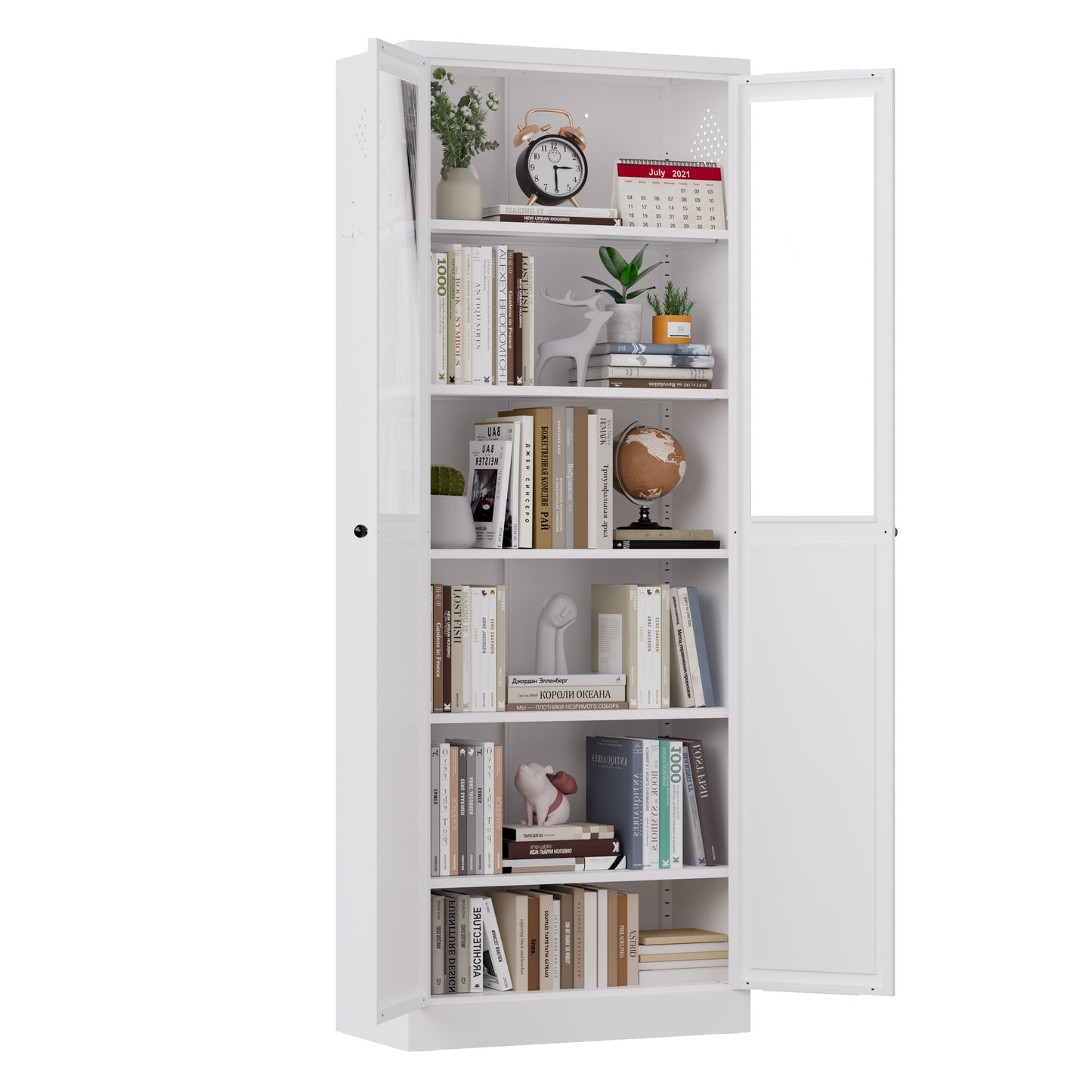 VIYET 72" Glass Door Metal Pantry Cabinet, White Kitchen Storage Cabinet with 5 Adjustable Shelves, Freestanding Display Cabinet