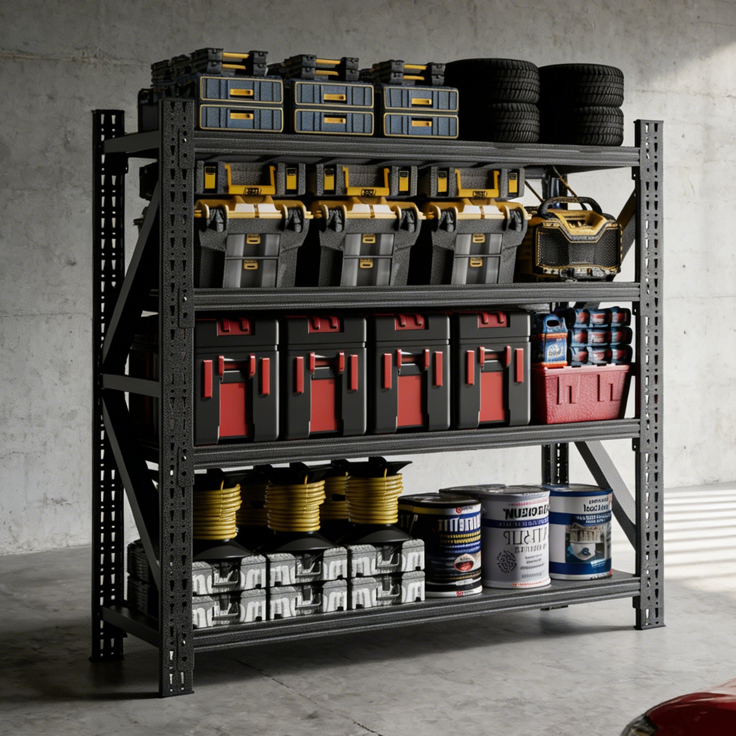 VIYET 4-Shelf Heavy Duty Metal Garage Shelving, 5000 LBS Capacity Adjustable Industrial Storage Unit, 63"H×67"W×23.7", Open Rack for Warehouse Gym, Black
