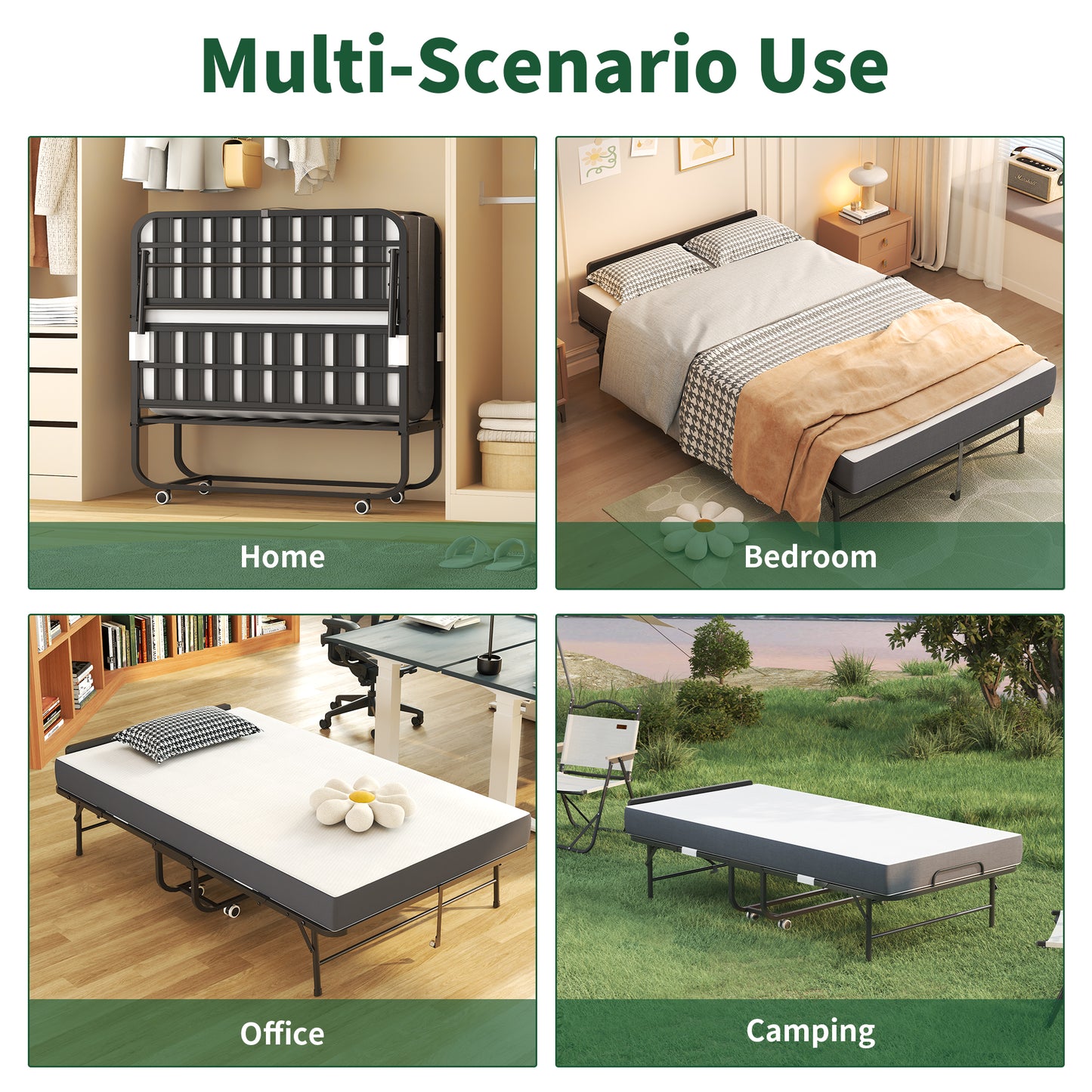 VIYET Folding Guest Bed with Adjustable Headboard, 5" Memory Foam Mattress, 450LB Heavy Duty Rollaway Bed for Adults