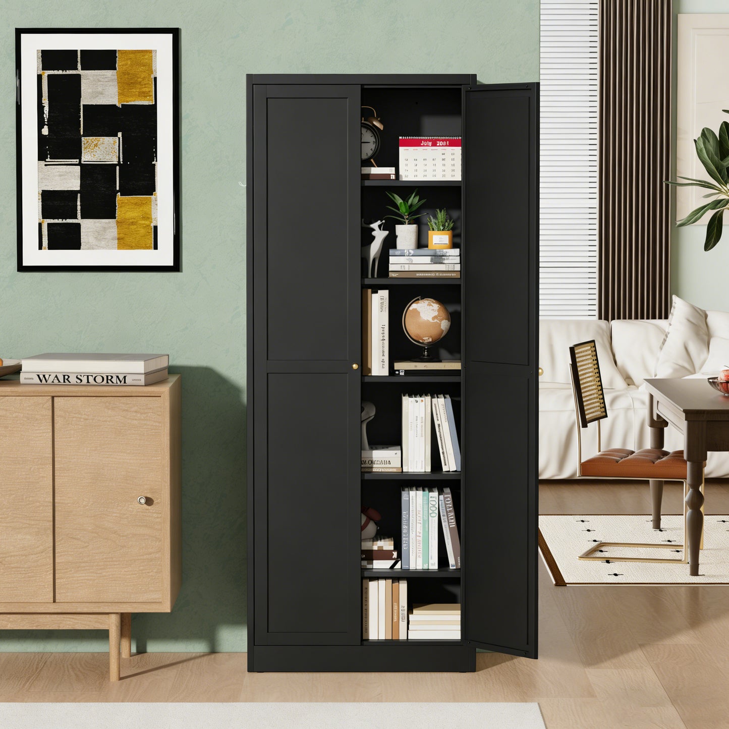 VIYET 72" Black Metal Kitchen Pantry Cabinet with Doors, 5 Adjustable Shelves, Heavy-Duty Tool-Free Freestanding Organizer