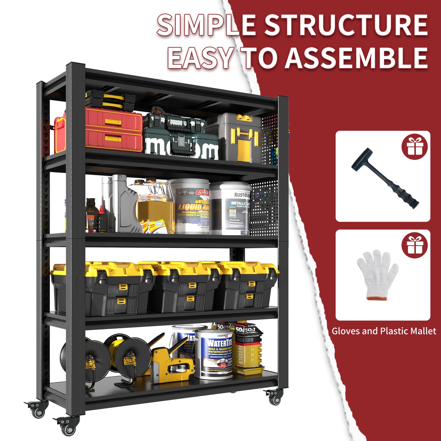 VIYET 78" Rolling Metal Garage Shelving with Pegboard, 5 Tier Adjustable Storage Rack, Heavy Duty Utility Shelf with Locking Wheels, Black