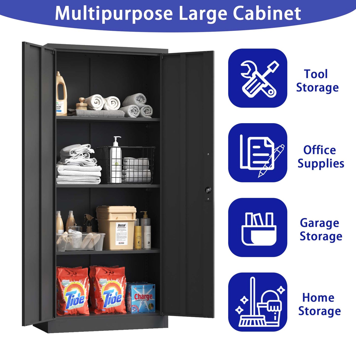 VIYET 71" Metal Garage Storage Cabinet with Lock and 3 Adjustable Shelves, Black Heavy-Duty Lockable Cabinet for Home, Office & Garage