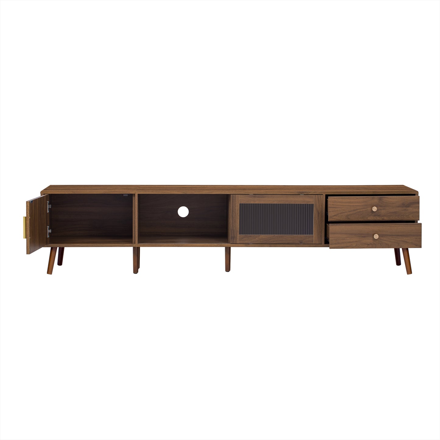 VIYET 77"Modern Minimal TV Stand, Wood-Grain Glass-Door Media Console (for TVs up to 85"), Solid Wood+MDF Storage Cabinet