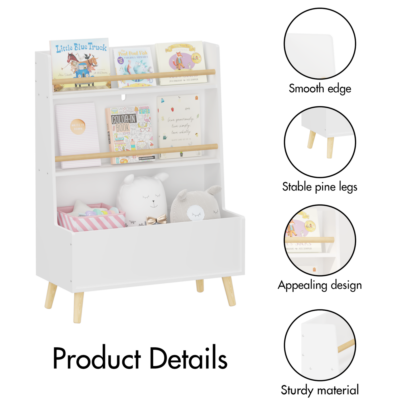 VIYET 37" Kids Bookshelf & Toy Organizer - White MDF+Pine Legs, 2 Shelves, Storage Bin, Anti-Tipping