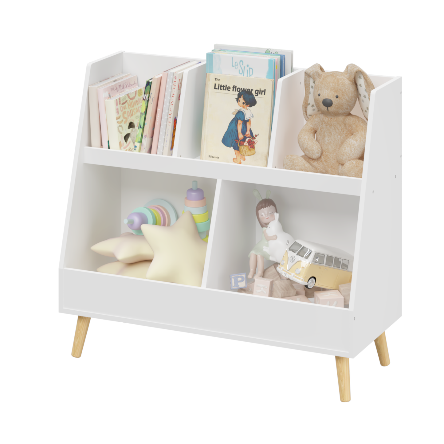 VIYET 28" Kids 5-Cubby Bookshelf Toy Organizer,White Wooden 2-Tier Storage Rack w/ Pine Legs (Anti-Tipping Nursery/Playroom Organizer)