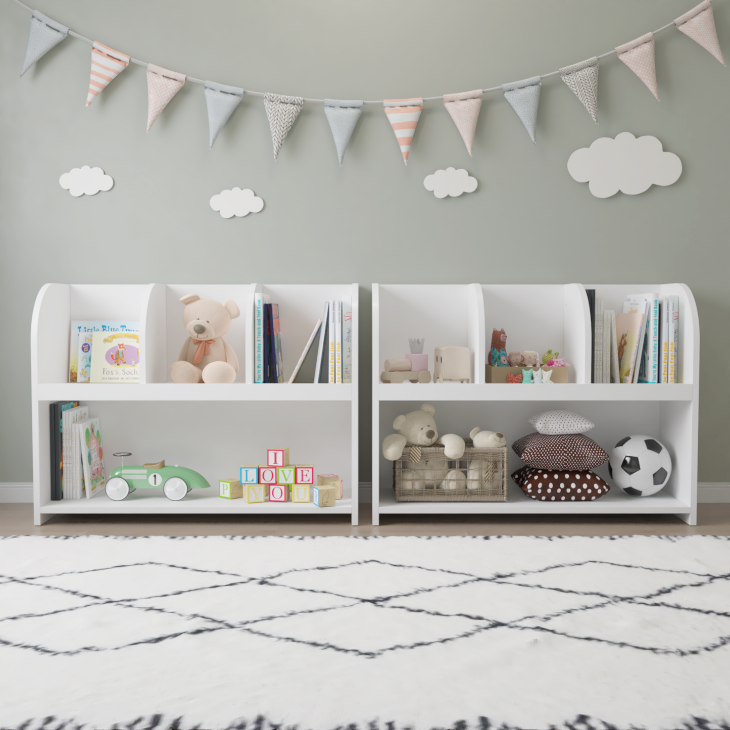 VIYET 24" Kids 4-Compartment Bookcase, White MDF Storage Display Rack (Anti-Tipping Toy Organizer for Playroom/Nursery)