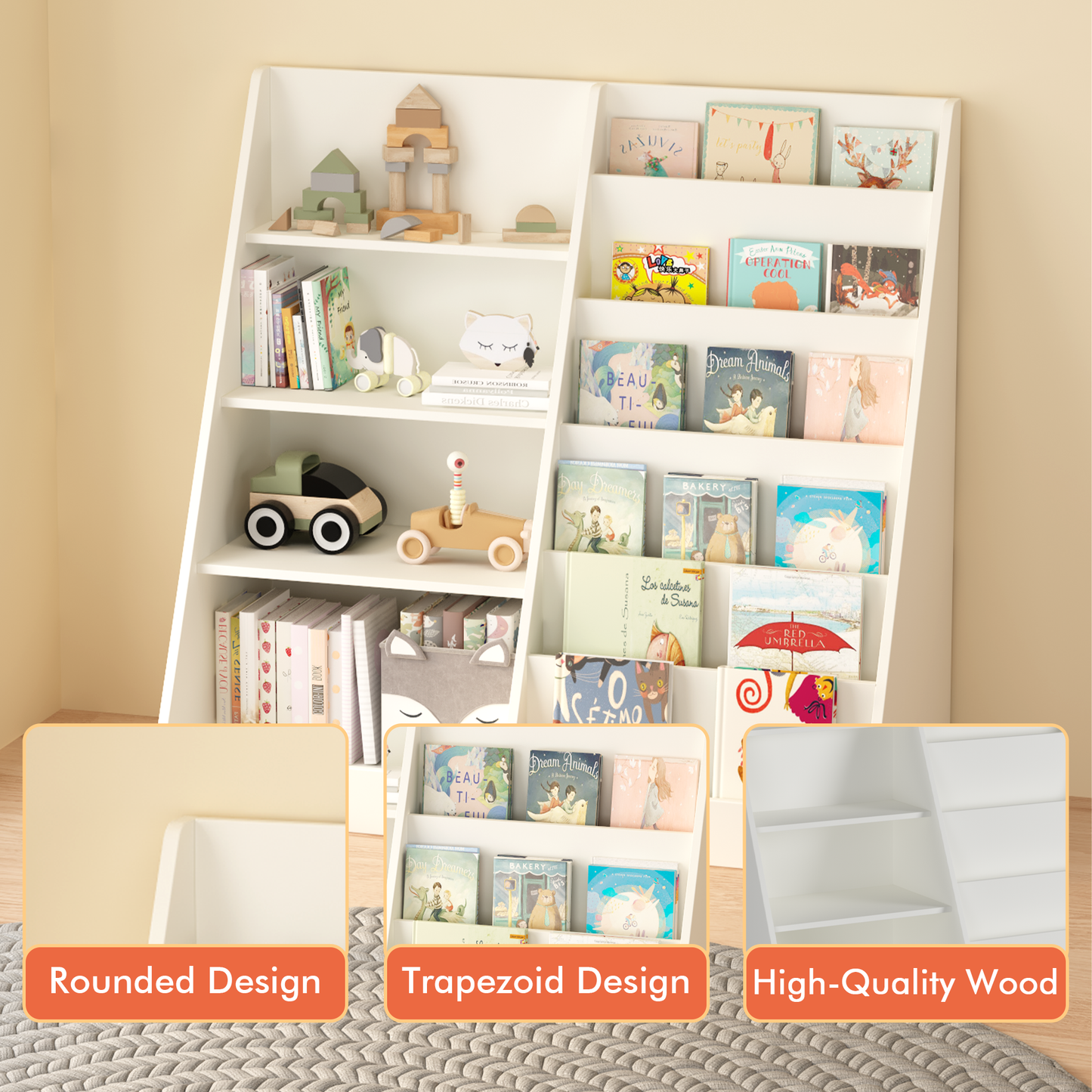 VIYET Kids Bookshelf and Toy Storage Organizer, 4 Tier Wooden Book Display Shelf with Storage Bin for Playroom, Nursery and Bedroom, White