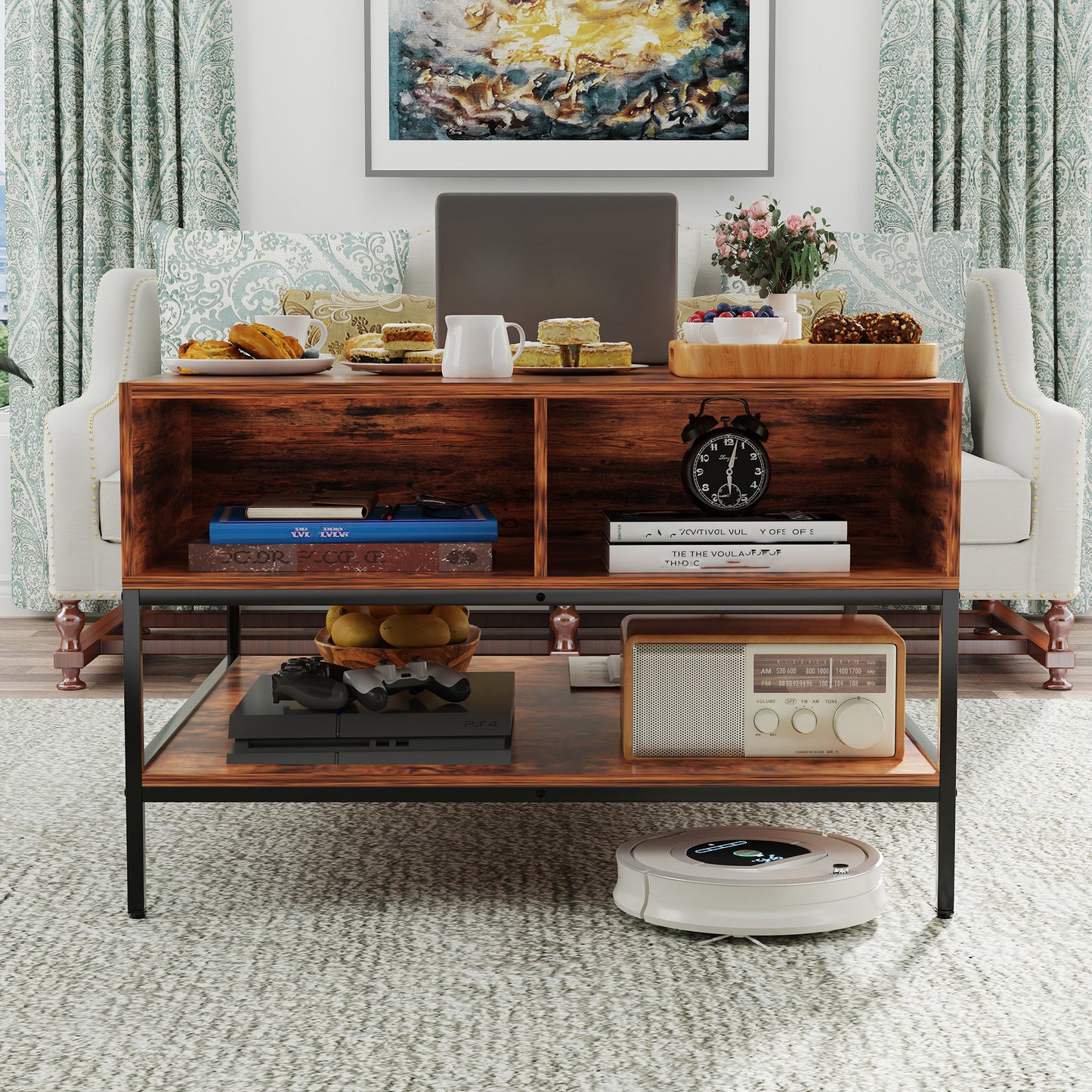 VIYET 32"H Farmhouse Flip Top Coffee Table with Storage, Rustic Wood Grain + Metal Frame, Hidden Compartment & Open Shelves for Living Room, Easy to Assemble & Clean (Black+Brown)