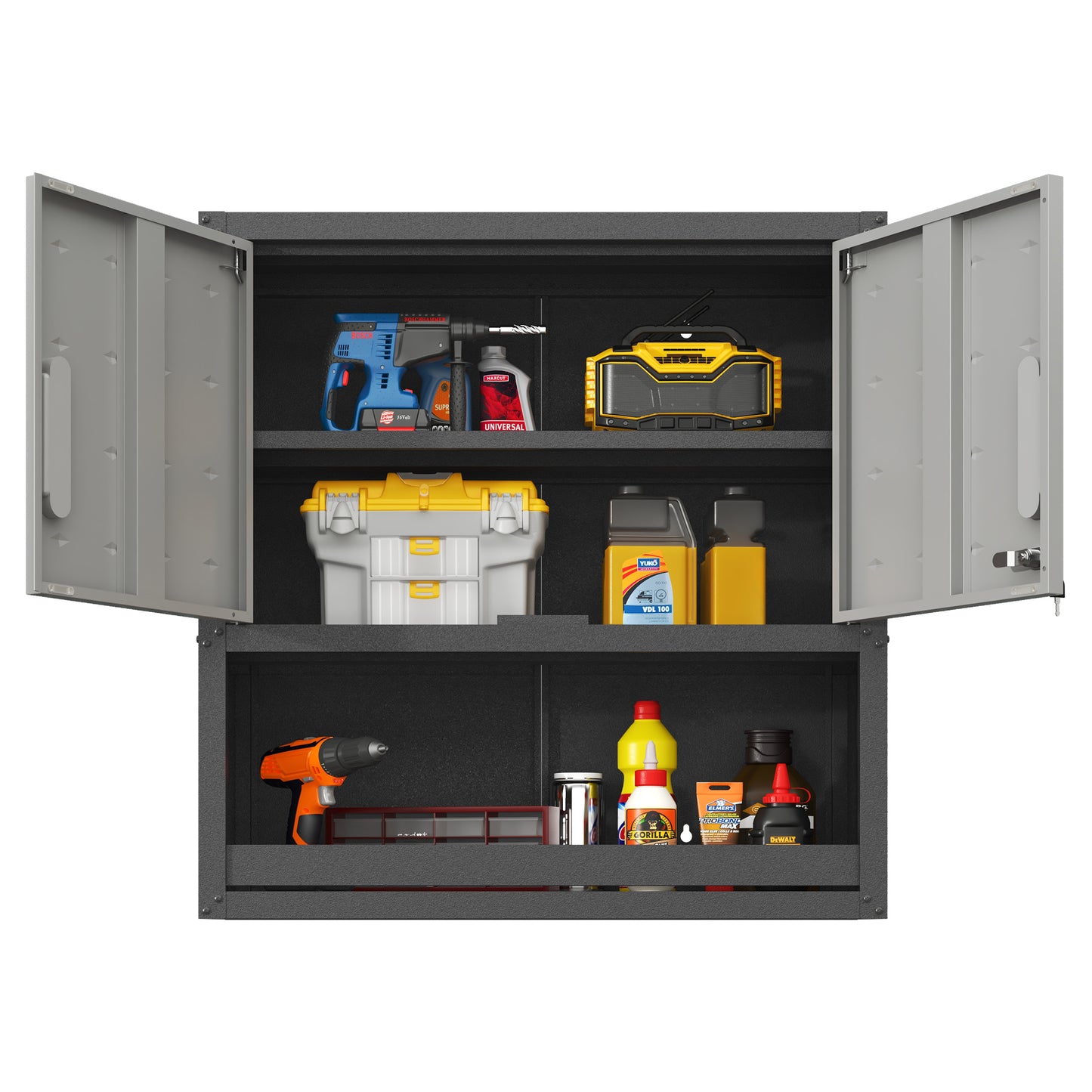 VIYET 30"H Wall-Mounted Steel Cabinet, Locking Doors, Open Drawer & Adjustable Shelf, Rust-Resistant Cold-Rolled Steel, Garage/Office/Warehouse/Home/School