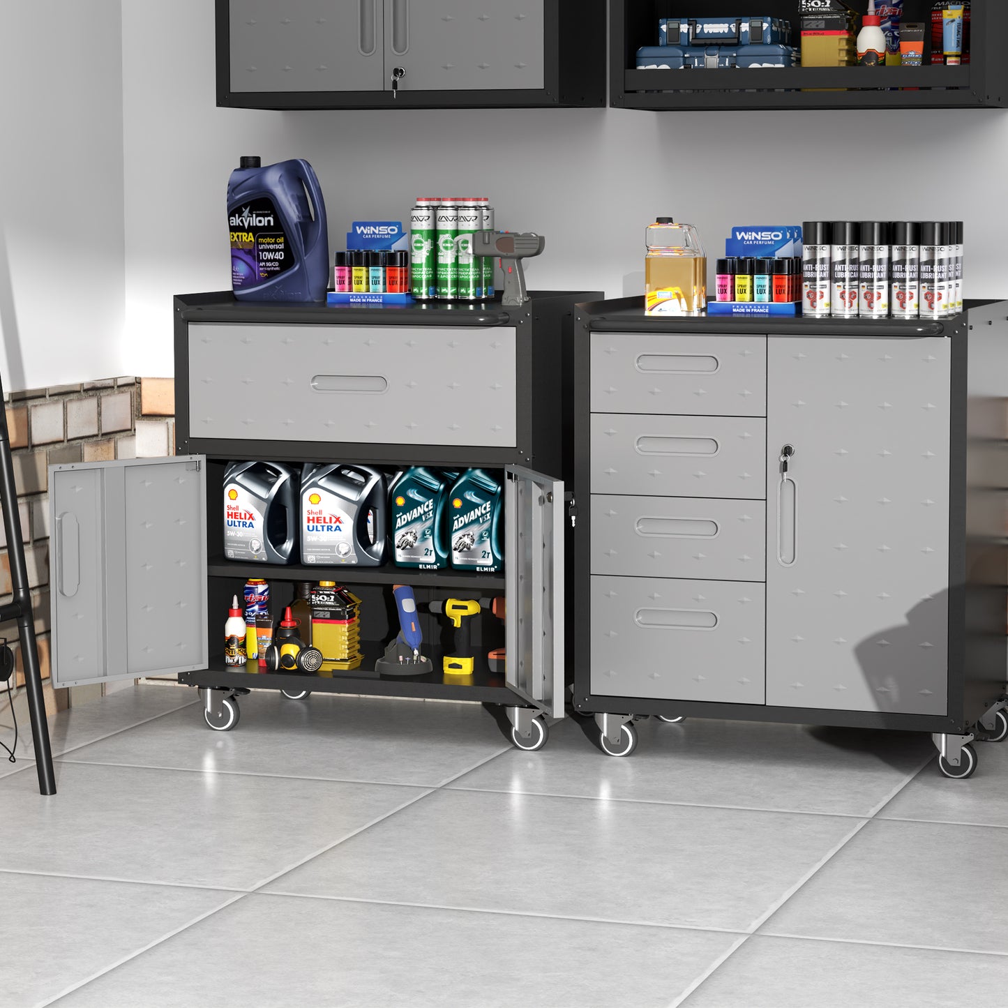 VIYET 35"H Heavy-Duty Mobile Steel Tool Cabinet, Categorized Drawers, Lockable Adjustable Shelf, 360° Casters, Black+Gray, Garage/Home/Office/Workshop
