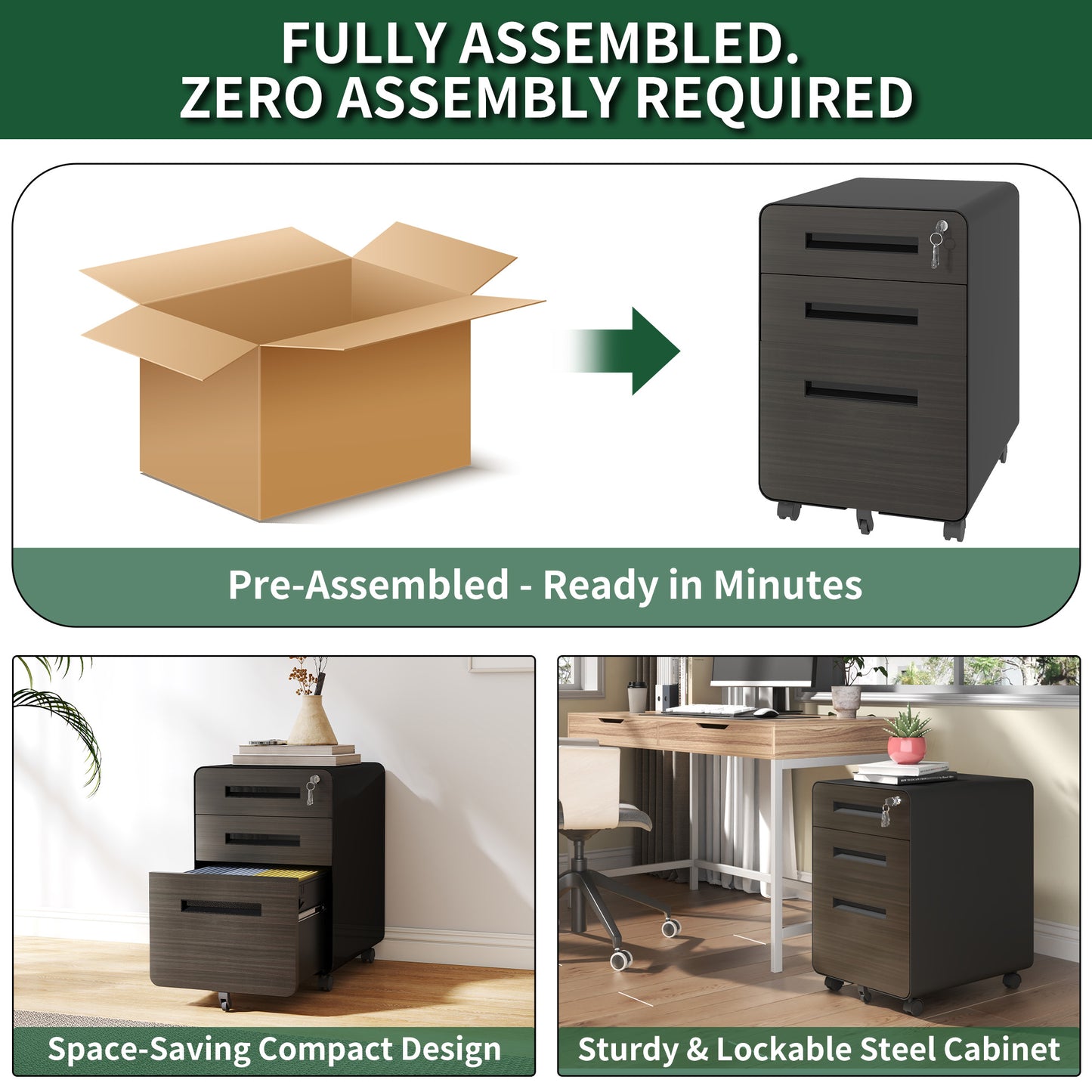 VIYET 23" 3-Drawer Mobile File Cabinet, Black Cold-Rolled Steel Lockable Under-Desk Cabinet (5-Wheel Anti-Tilting for A4/Legal/Letter Files)