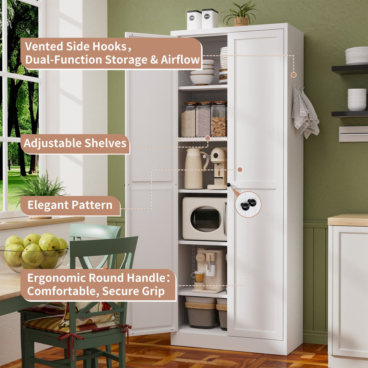 VIYET 72" Black Metal Pantry Cabinet with Doors, 5 Adjustable Shelves, Freestanding Kitchen Storage Cabinet for Pantry, Bathroom & Home