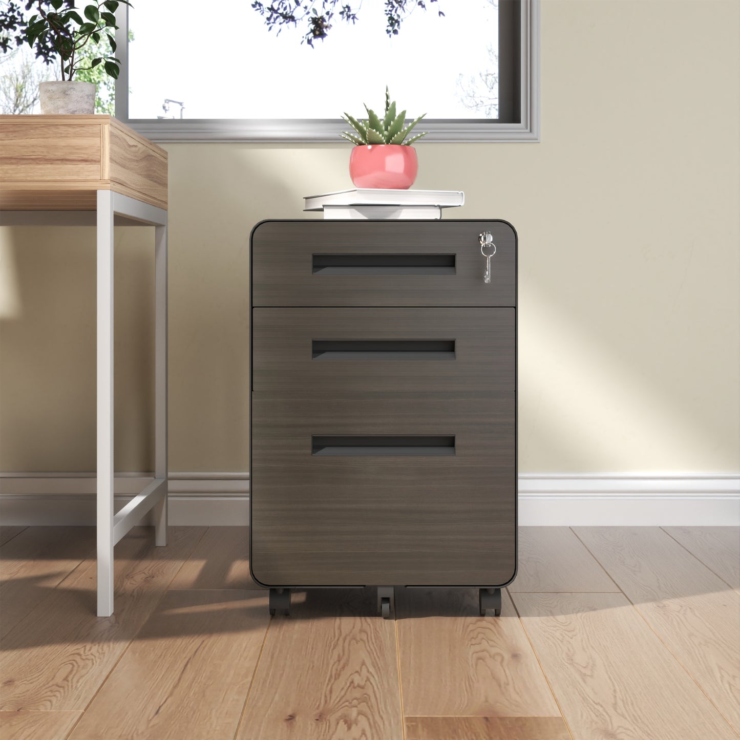 VIYET 23" 3-Drawer Mobile File Cabinet, Black Cold-Rolled Steel Lockable Under-Desk Cabinet (5-Wheel Anti-Tilting for A4/Legal/Letter Files)