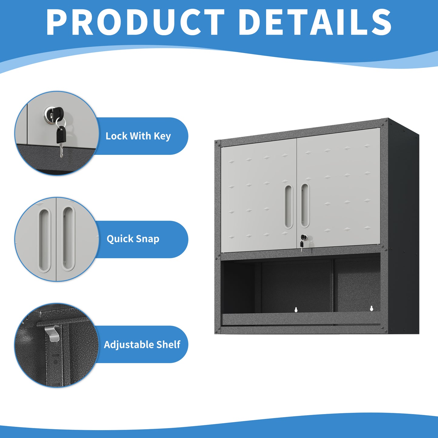 VIYET 30"H Wall-Mounted Steel Cabinet, Locking Doors, Open Drawer & Adjustable Shelf, Rust-Resistant Cold-Rolled Steel, Garage/Office/Warehouse/Home/School
