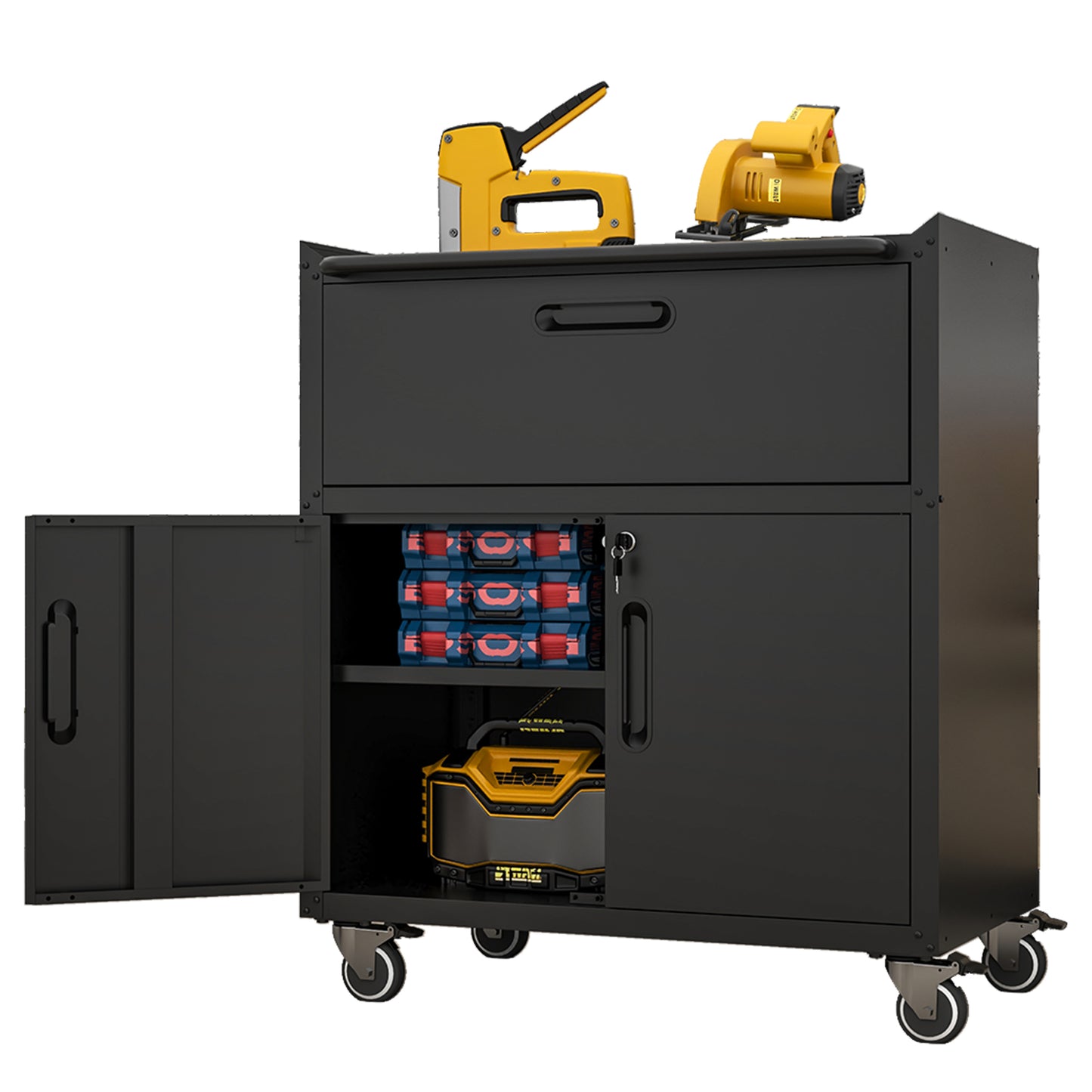 VIYET 35"H Heavy-Duty Mobile Steel Tool Cabinet, 360° Lockable Casters, 3-Sided Top Fence, Garage/Home/Office/Workshop, Black+Gray