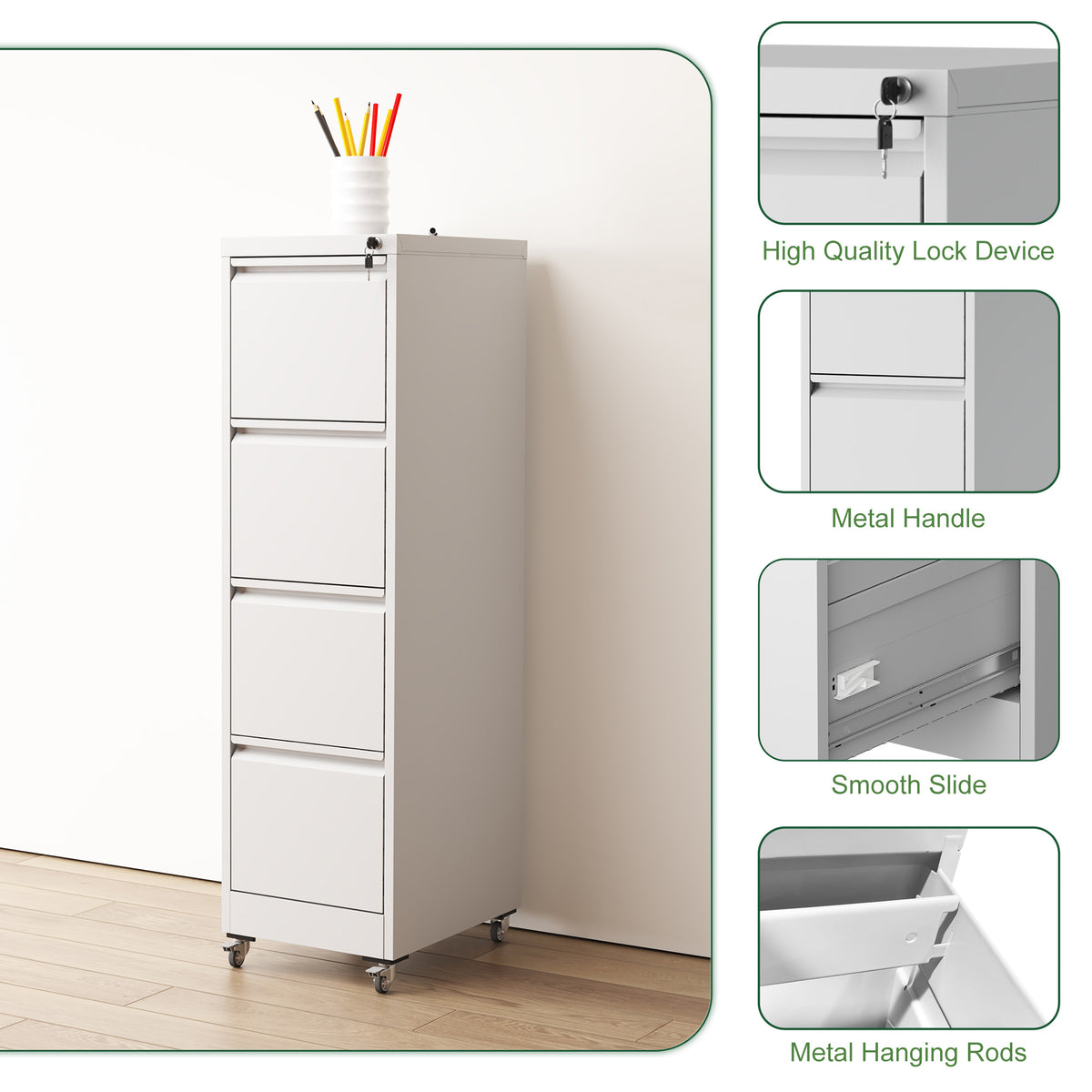VIYET 4 Drawer Vertical File Cabinet, Metal Locking Filing Cabinet with Wheels, Legal & Letter File Storage, Anti-Tip Office Cabinet