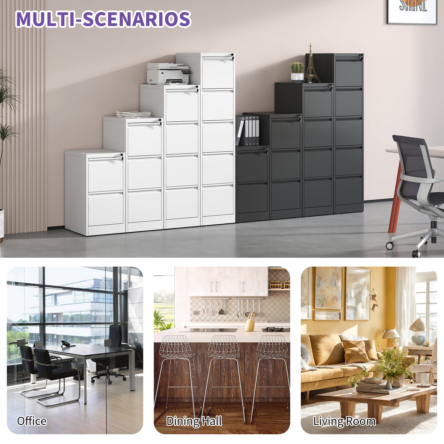 VIYET 40" Vertical 3-Drawer Metal File Cabinet Series with Lock, Tall Locking Filing Cabinets for Home Office, Fits Letter, Legal & A4