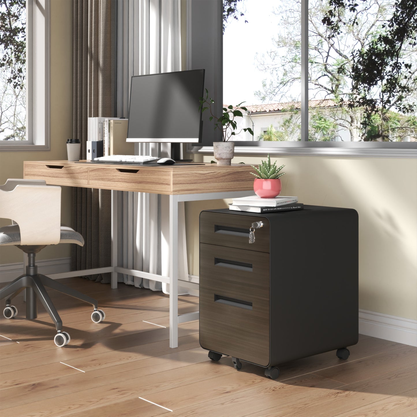 VIYET 23" 3-Drawer Mobile File Cabinet, Black Cold-Rolled Steel Lockable Under-Desk Cabinet (5-Wheel Anti-Tilting for A4/Legal/Letter Files)