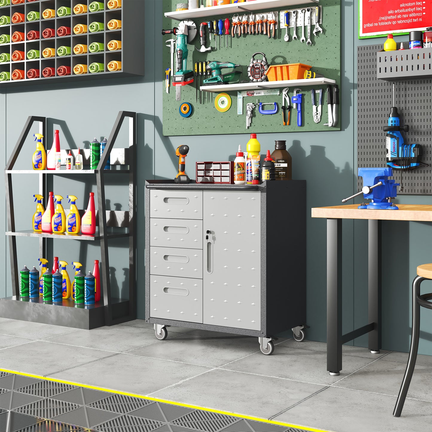 VIYET 35"H Heavy-Duty Mobile Steel Tool Cabinet, Categorized Drawers, Lockable Adjustable Shelf, 360° Casters, Black+Gray, Garage/Home/Office/Workshop