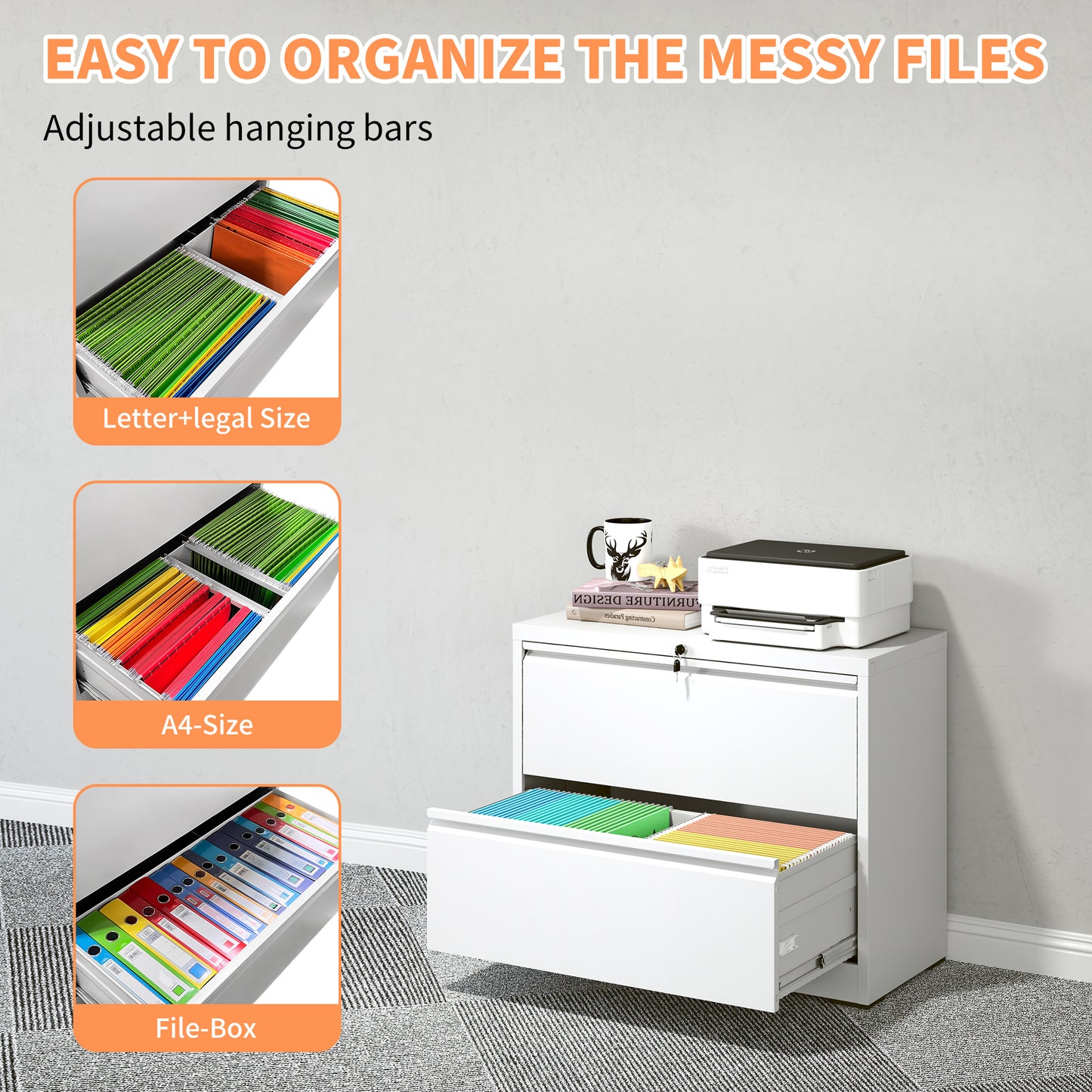 VIYET Locking Lateral File Cabinet, Heavy Duty Steel Filing Cabinet for Home Office, Silent Full Extension Drawers, Fits Letter, Legal & A4 Files
