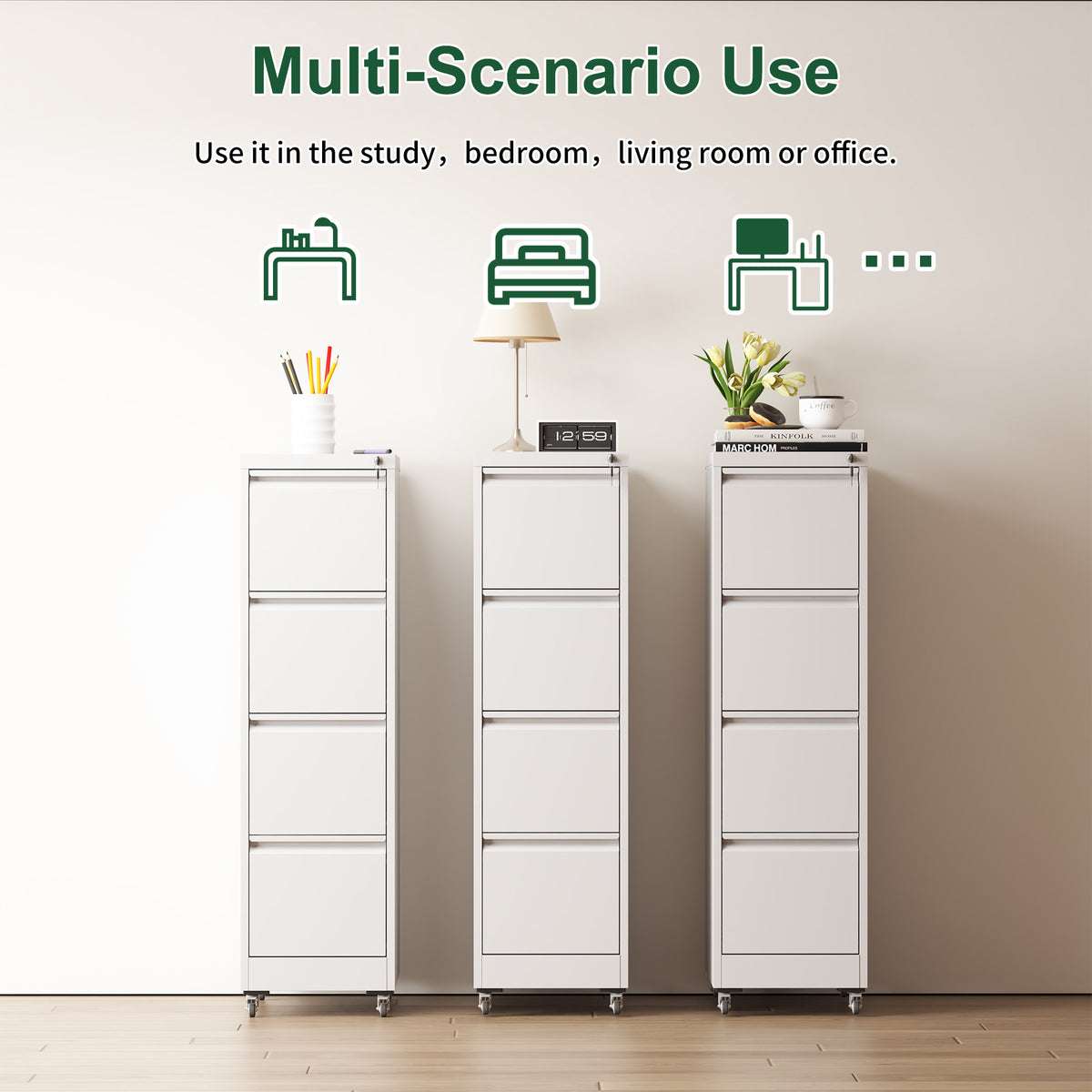 VIYET 4 Drawer Vertical File Cabinet, Metal Locking Filing Cabinet with Wheels, Legal & Letter File Storage, Anti-Tip Office Cabinet