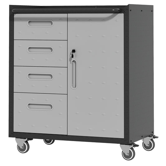 VIYET 35"H Heavy-Duty Steel Tool Cabinet with Wheels - 4 Drawers + 1 Lockable Compartment (Adjustable Shelf), 200LBS Capacity, Mobile Organizer for Garage/Home/Office/Warehouse, Black+Gray