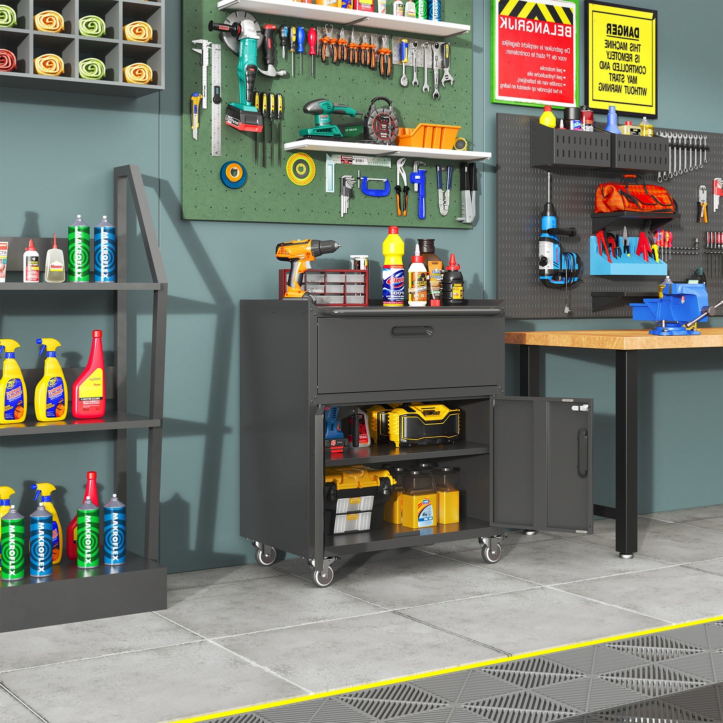 VIYET 35"H Heavy-Duty Mobile Steel Tool Cabinet, 360° Lockable Casters, 3-Sided Top Fence, Garage/Home/Office/Workshop, Black+Gray