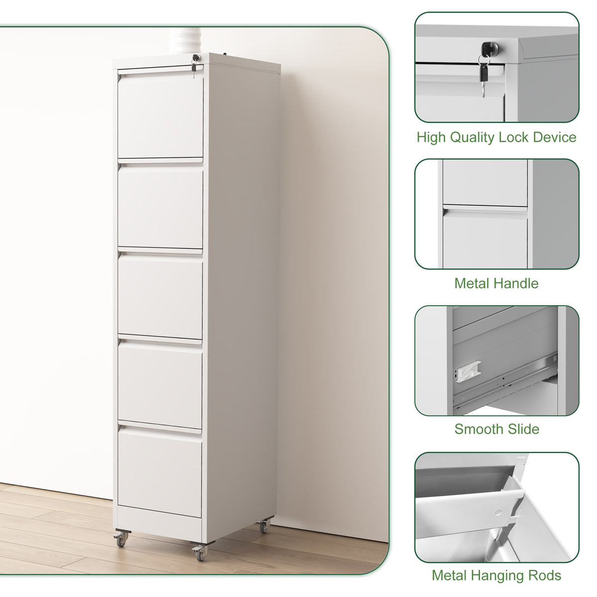 VIYET 5 Drawer Vertical File Cabinet, Metal Rolling Filing Cabinet with Lock, Fits A4, Letter & Legal Files, Home Office Storage