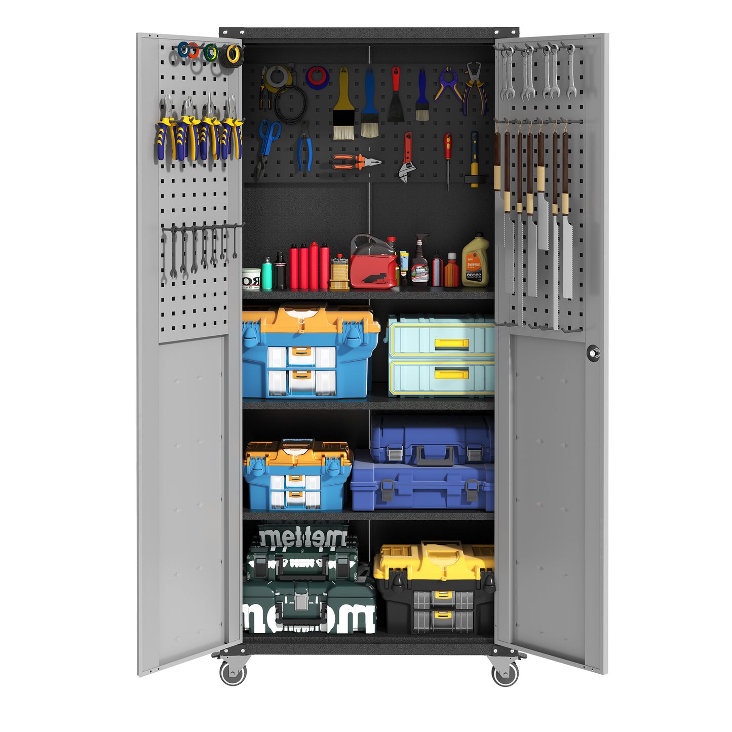 VIYET 71"H Heavy-Duty Metal Garage Storage Cabinet with Wheels,700LBS Capacity,2 Locking Doors+3 Adjustable Shelves, Home/Office/Garage, Black+Gray