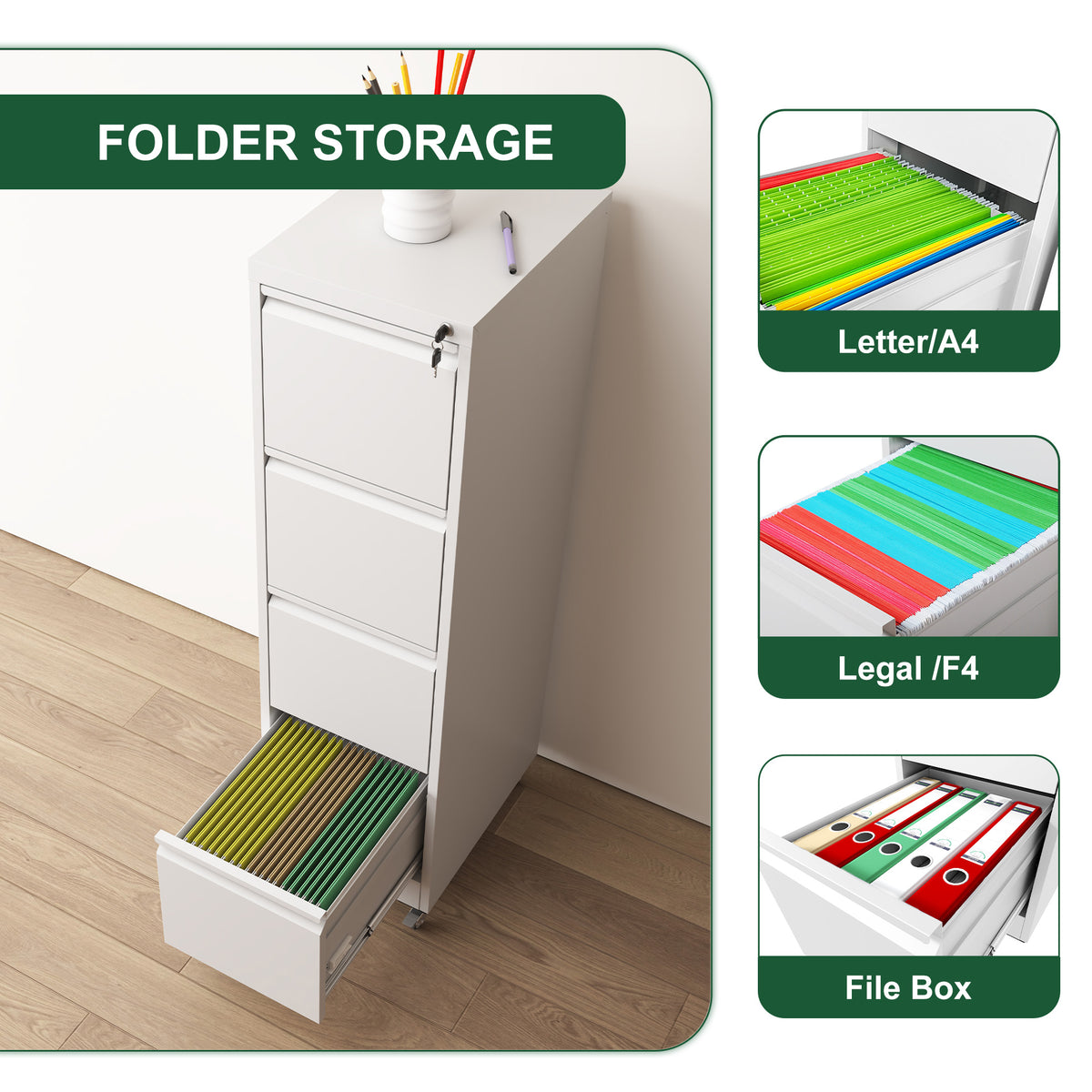 VIYET 4 Drawer Vertical File Cabinet, Metal Locking Filing Cabinet with Wheels, Legal & Letter File Storage, Anti-Tip Office Cabinet