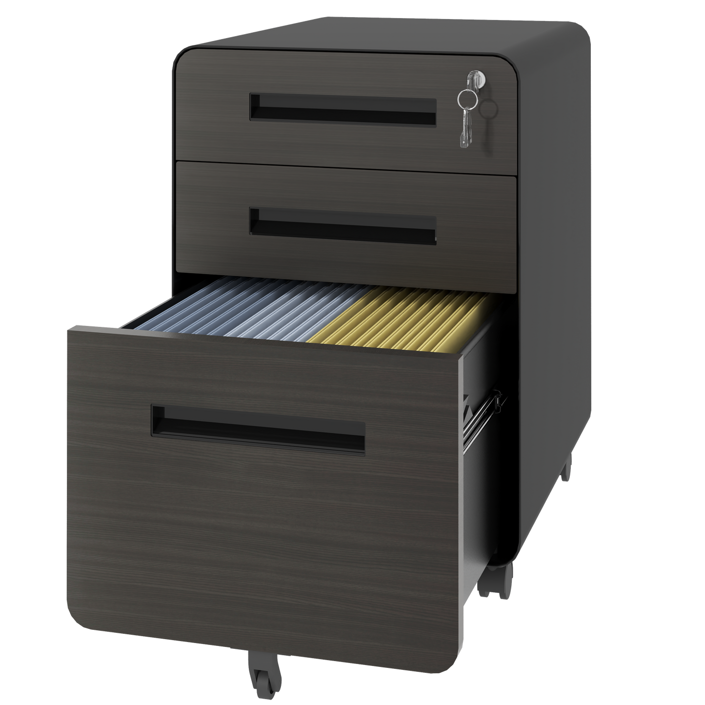 VIYET 23" 3-Drawer Mobile File Cabinet, Black Cold-Rolled Steel Lockable Under-Desk Cabinet (5-Wheel Anti-Tilting for A4/Legal/Letter Files)