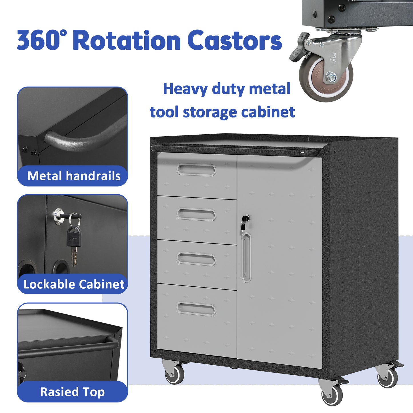 VIYET 35"H Heavy-Duty Mobile Steel Tool Cabinet, Categorized Drawers, Lockable Adjustable Shelf, 360° Casters, Black+Gray, Garage/Home/Office/Workshop